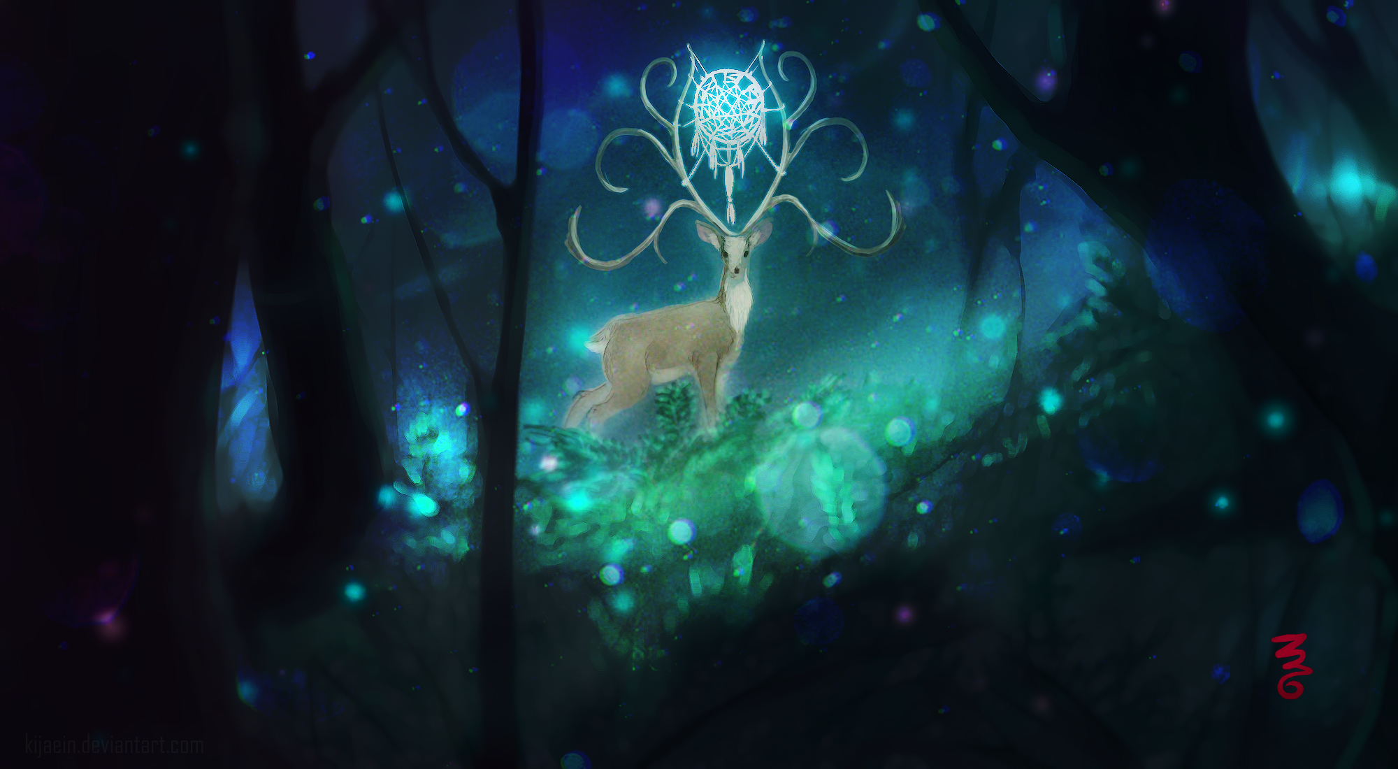 Animal Deer Dreamcatcher Forest Magic Night 2000x1100