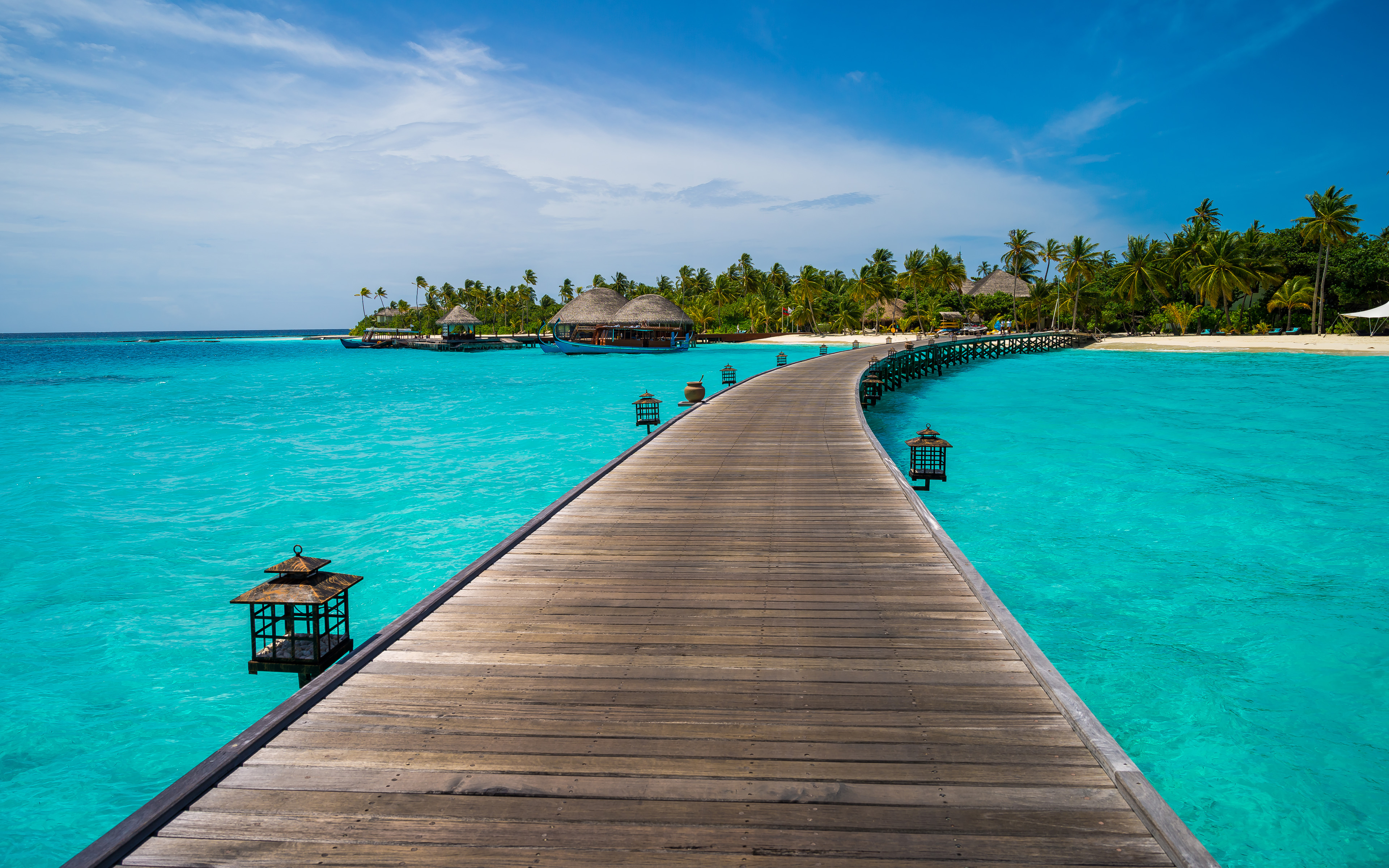 Island Maldives Ocean Palm Tree Pier Sea Tropical Turquoise Wooden 3840x2400