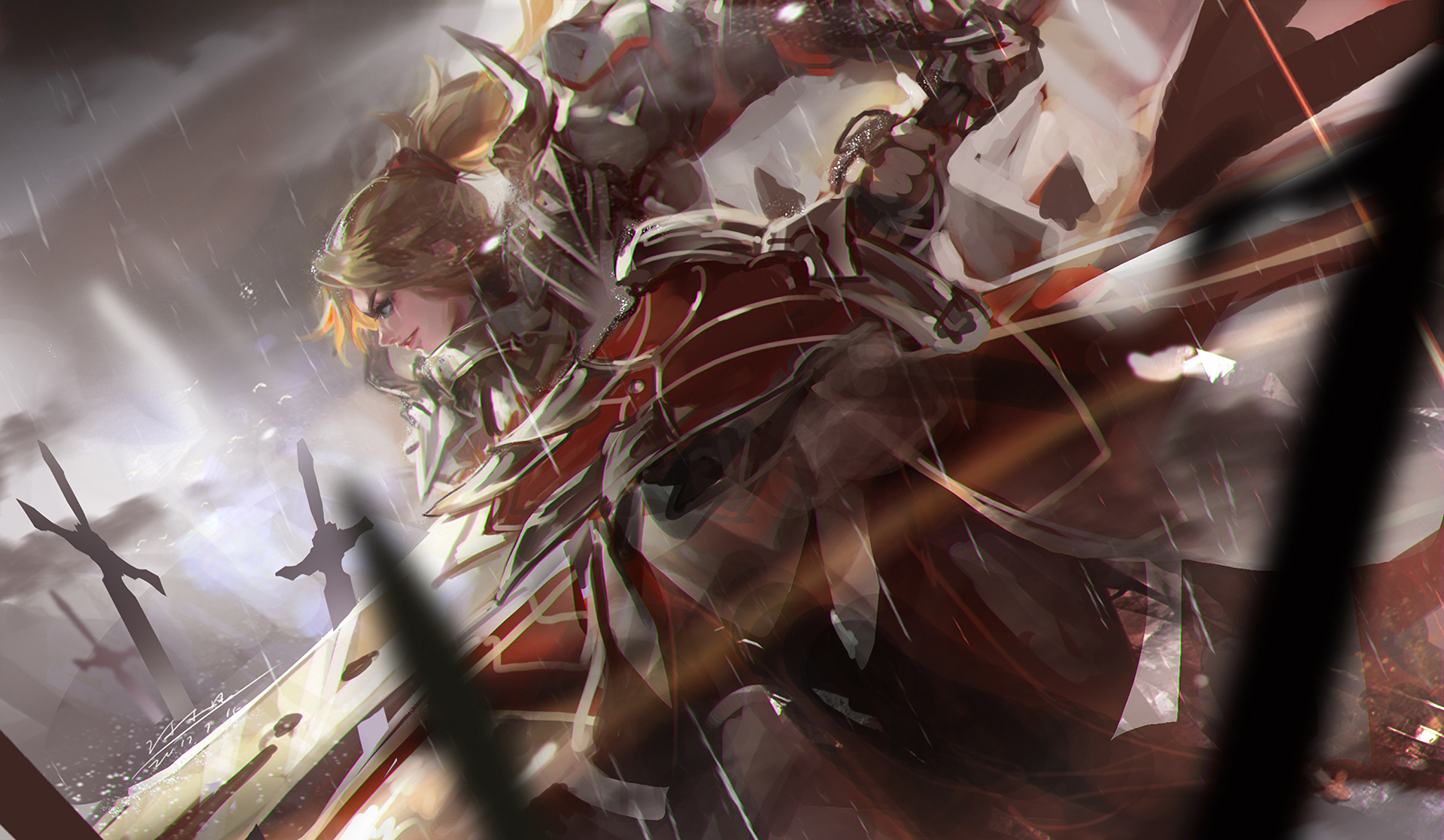 Armor Blonde Girl Mordred Fate Apocrypha Ponytail Rain Saber Of Red Fate Apocrypha Sword Woman Warri 1920x1118