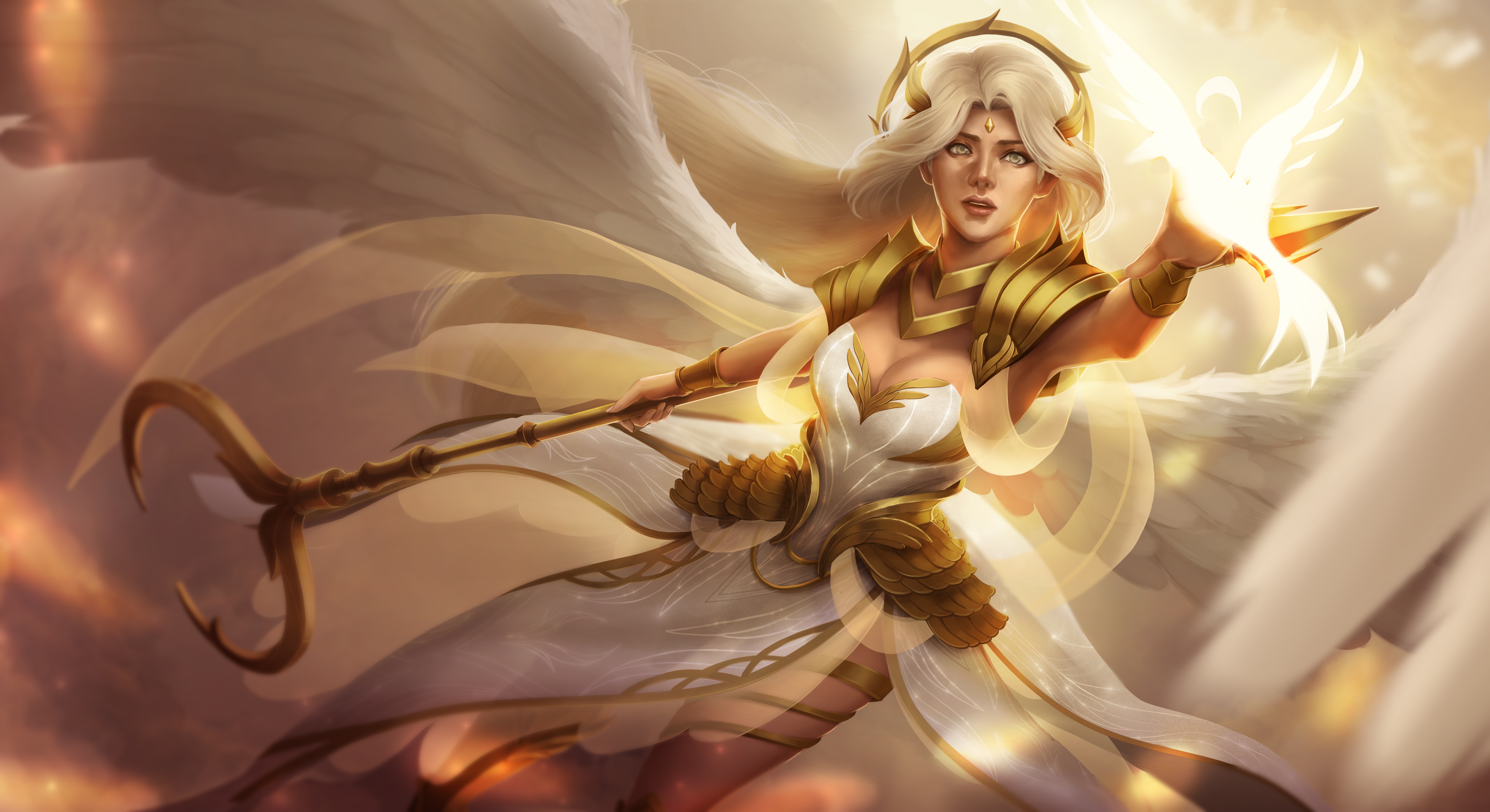 Angel Warrior Girl Staff White Hair Wings Woman 5365x2924