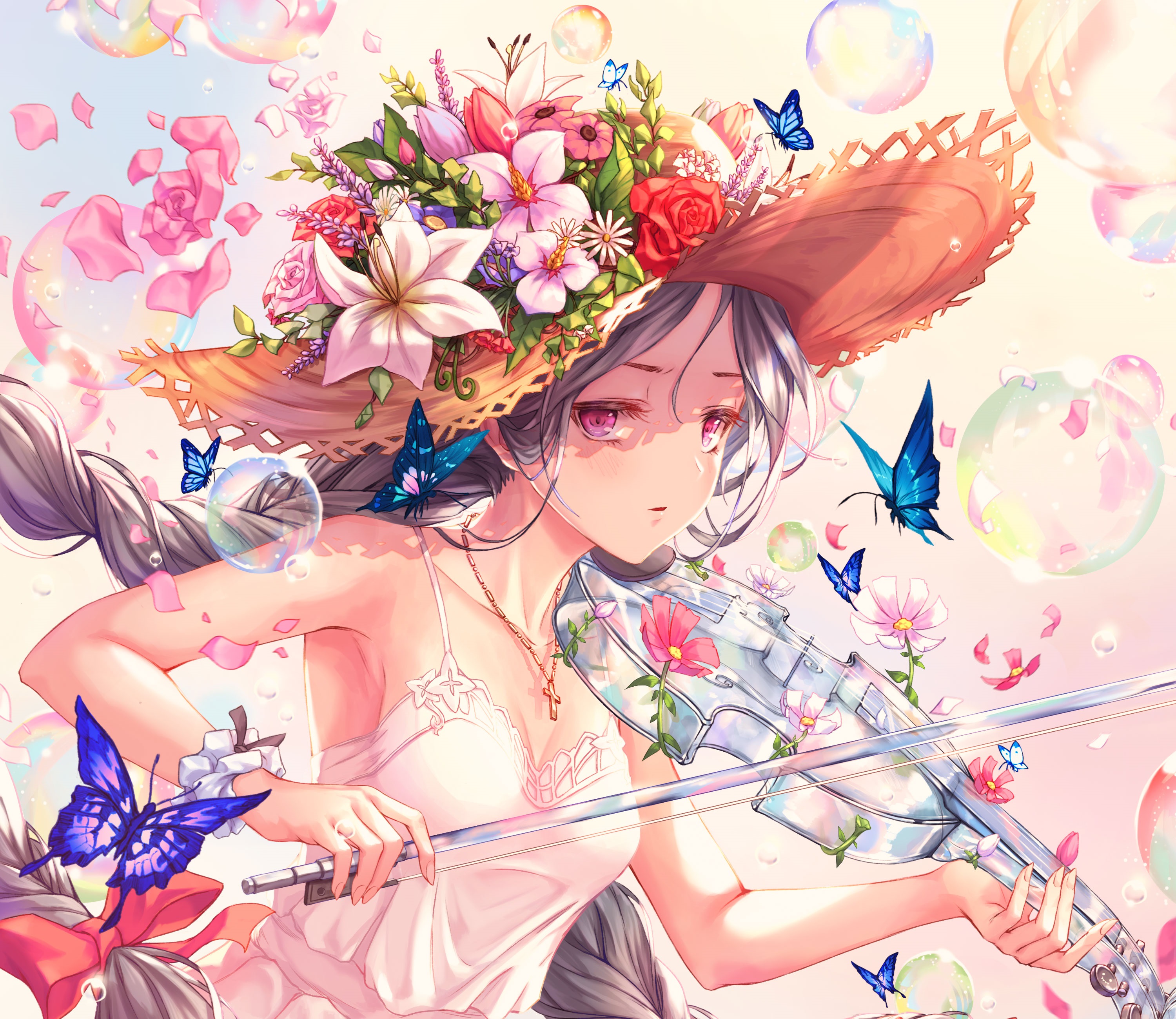 Bubble Butterfly Flower Hat Long Hair Necklace Pink Eyes Twintails Violin Violinist 3000x2600
