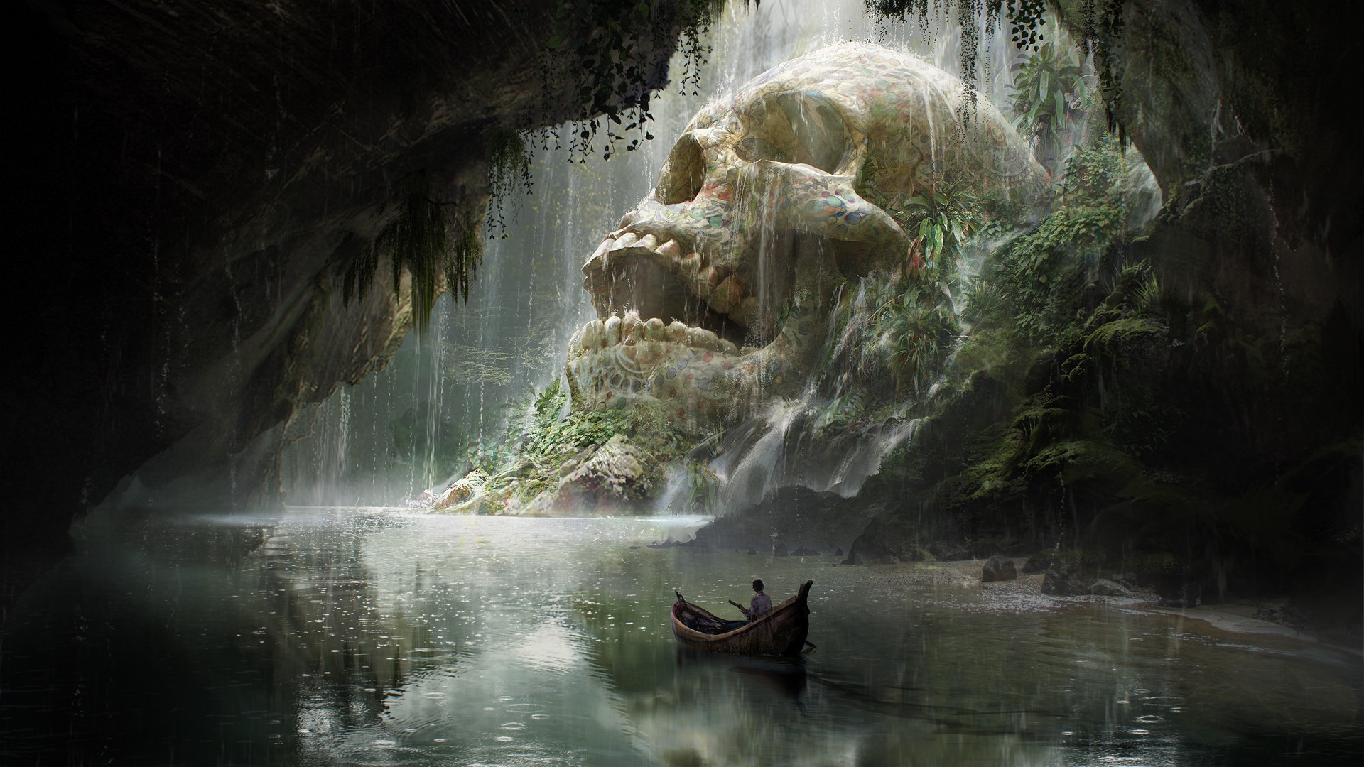 Adventure Boat Cave River Skull Waterfall 1920x1080