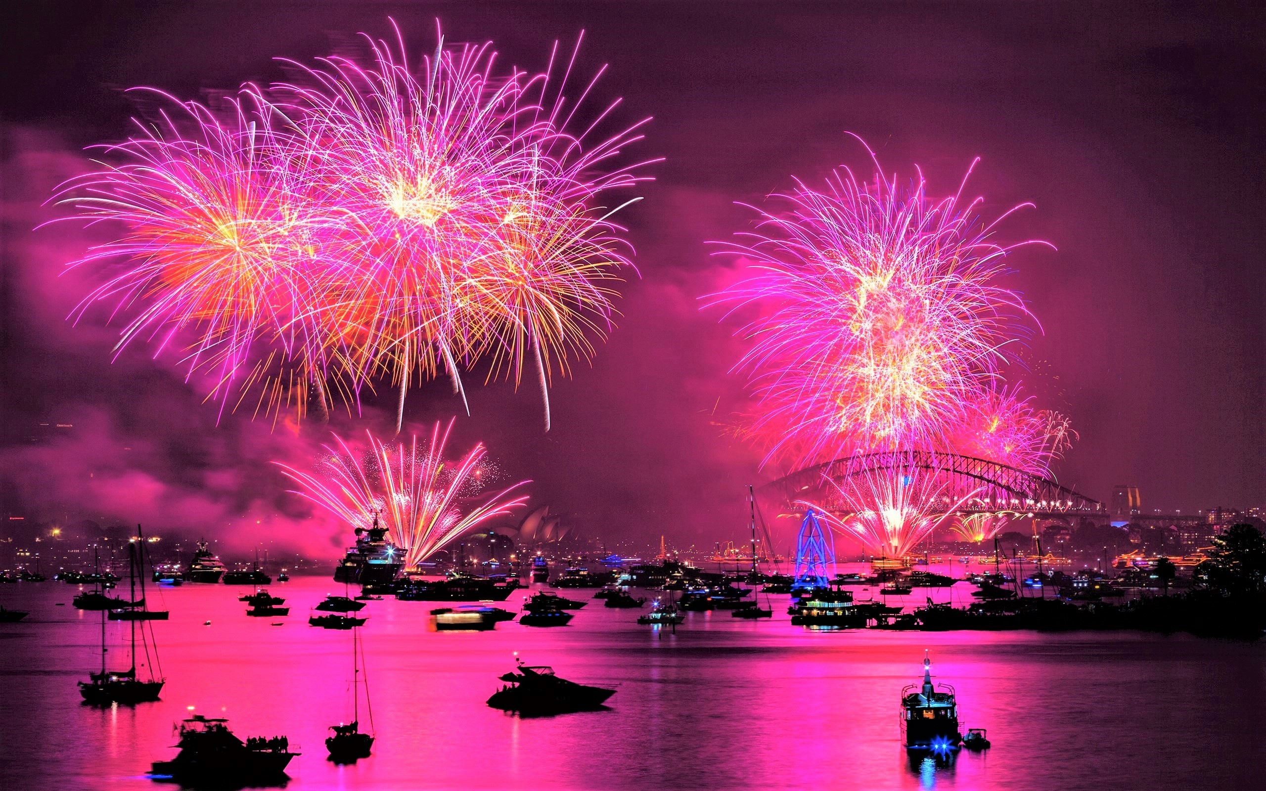 Australia Boat City Colorful Fireworks Harbor Night Pink Sydney Sydney Harbour 2560x1600
