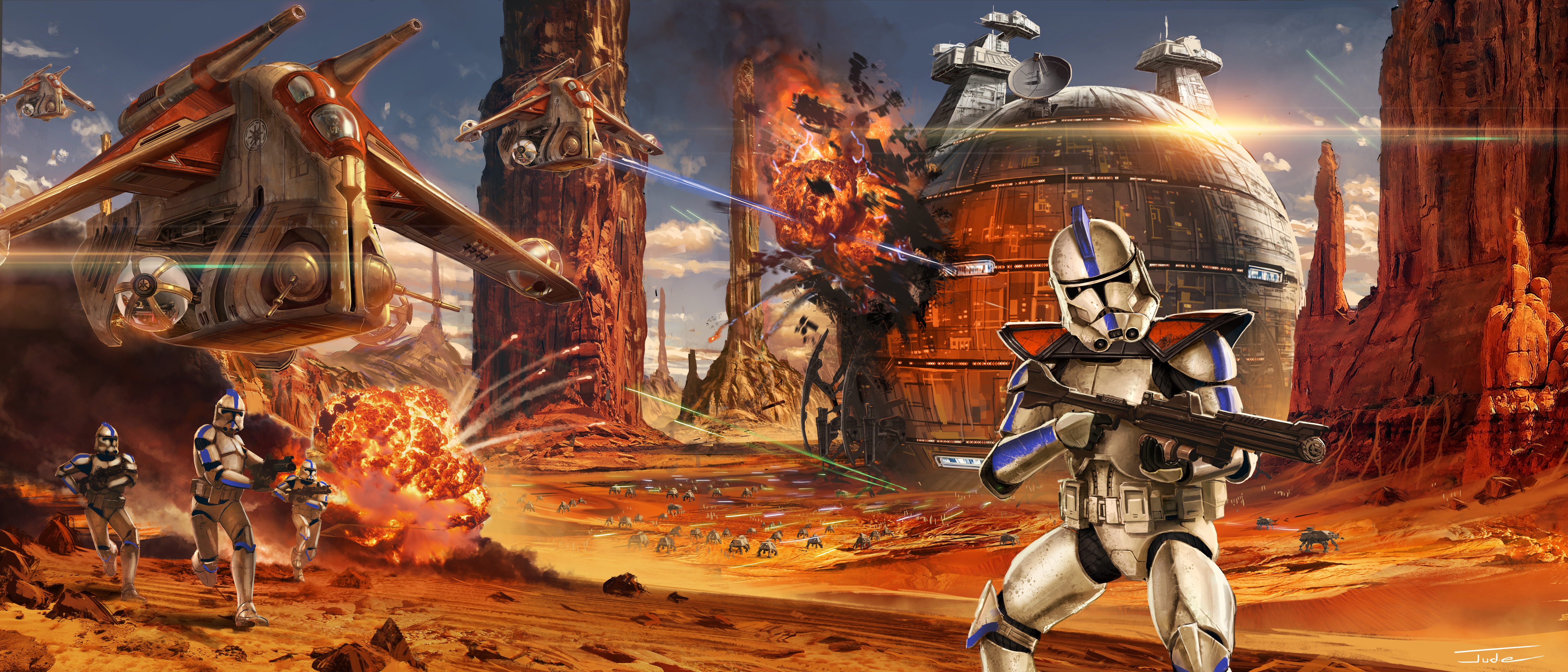 Battle Clone Trooper Explosion Spaceship Star Wars Warrior Weapon 6300x2700