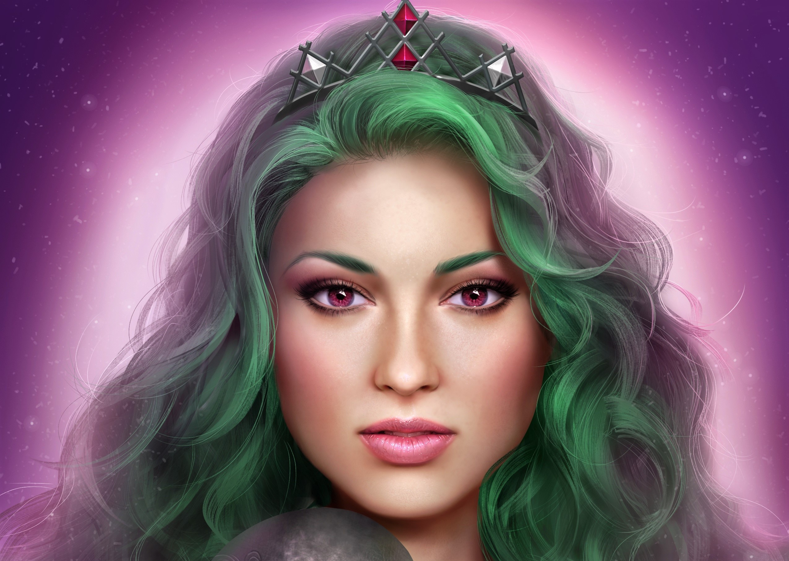 Crown Face Girl Green Hair Purple Eyes Woman 2550x1815