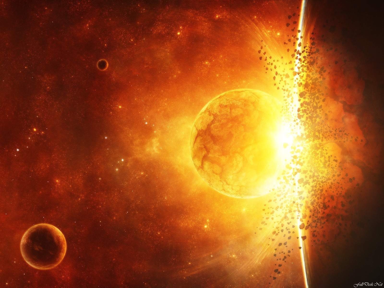 Collision Explosion Planet Red Space Stars Yellow 1600x1200