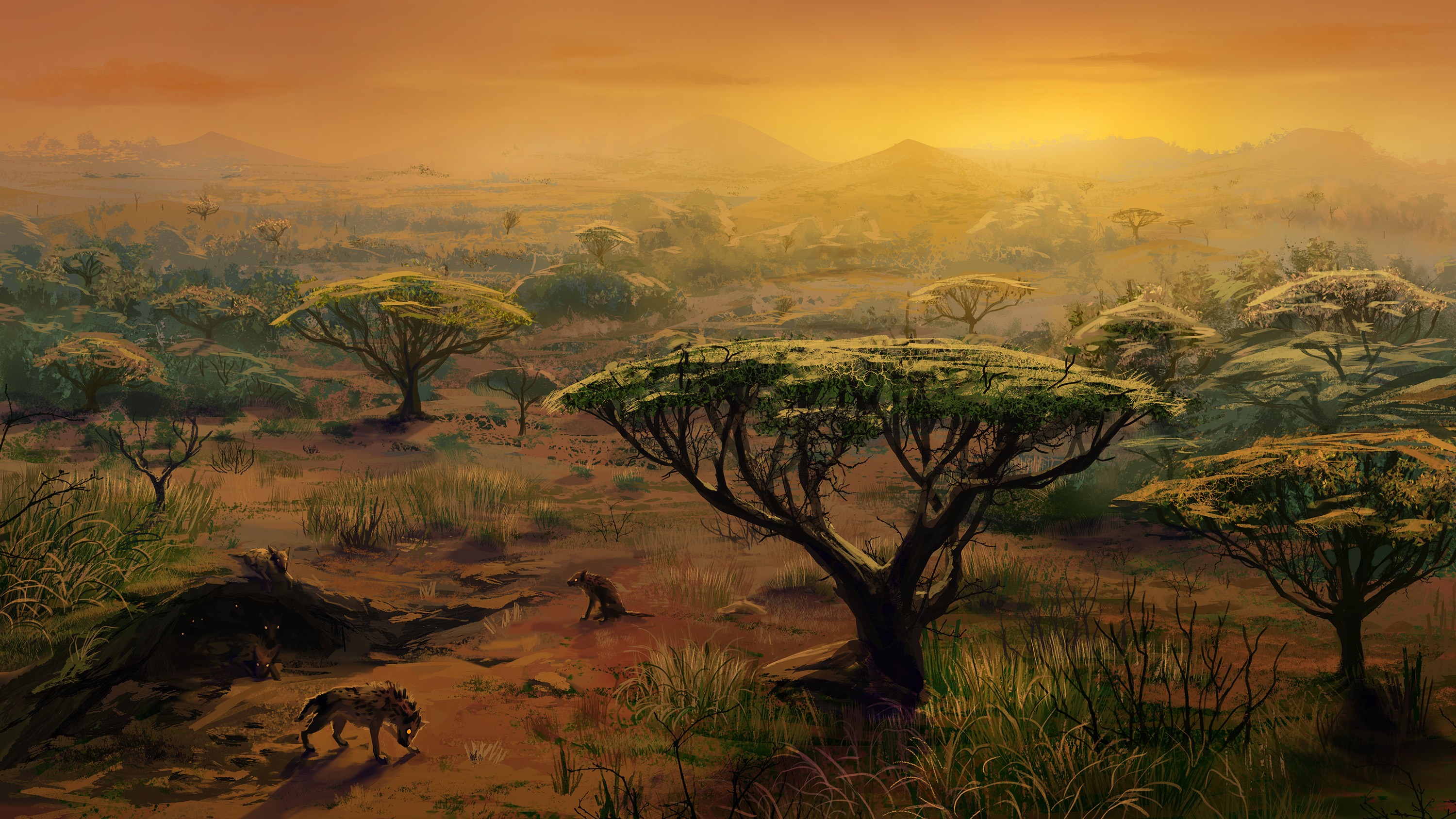 Africa Artistic Hyena Landscape Painting Savannah Tree Wallpaper