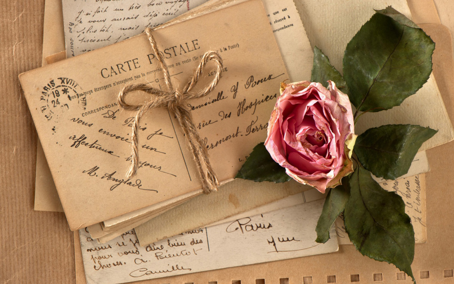 Letter Pink Rose Postcard Rose Vintage 1920x1200