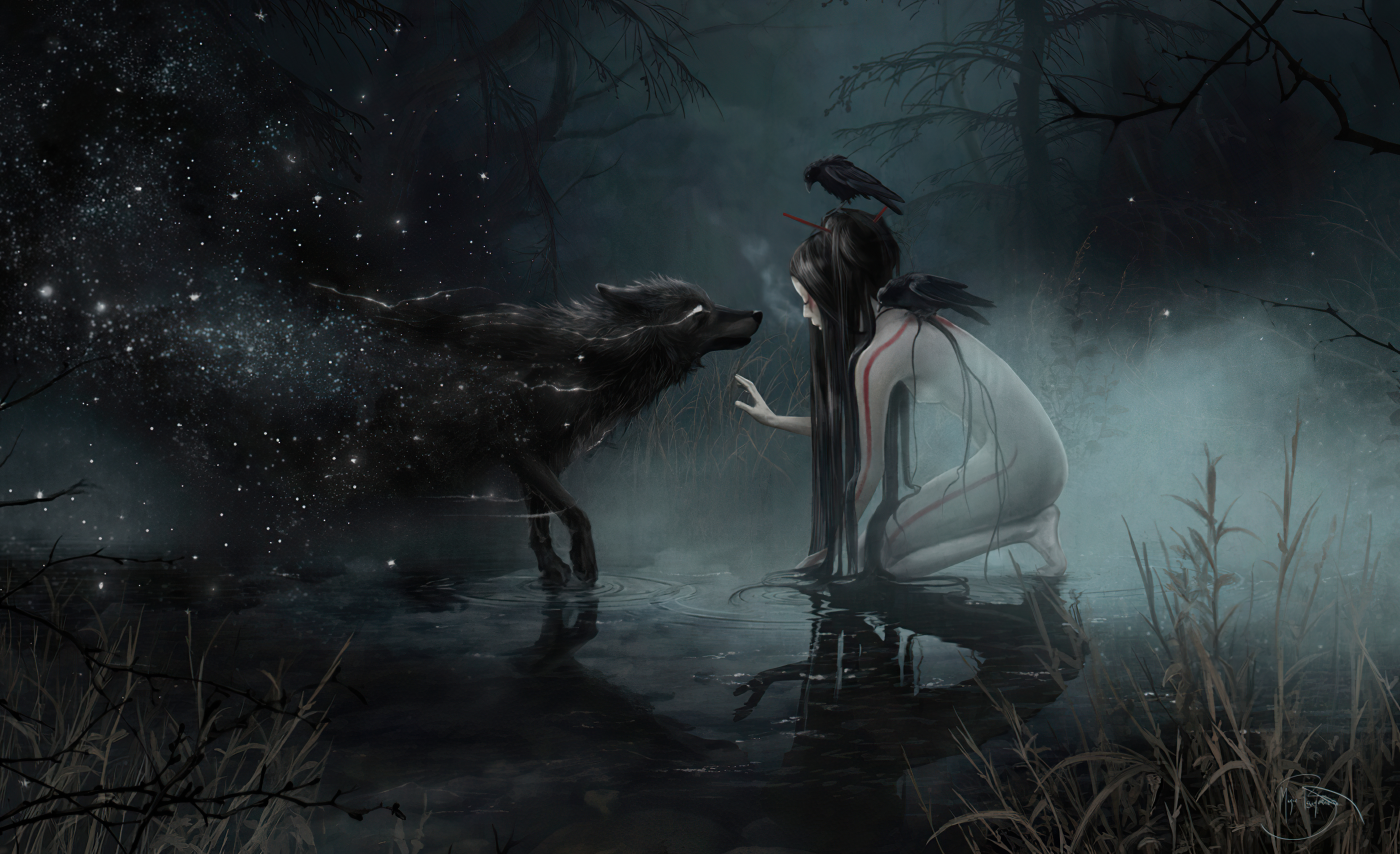 Wolf Animals Crow Birds Gloomy Long Hair Dark Hair Crying Forest Water Trees Artwork Mist Dark Night 2800x1708