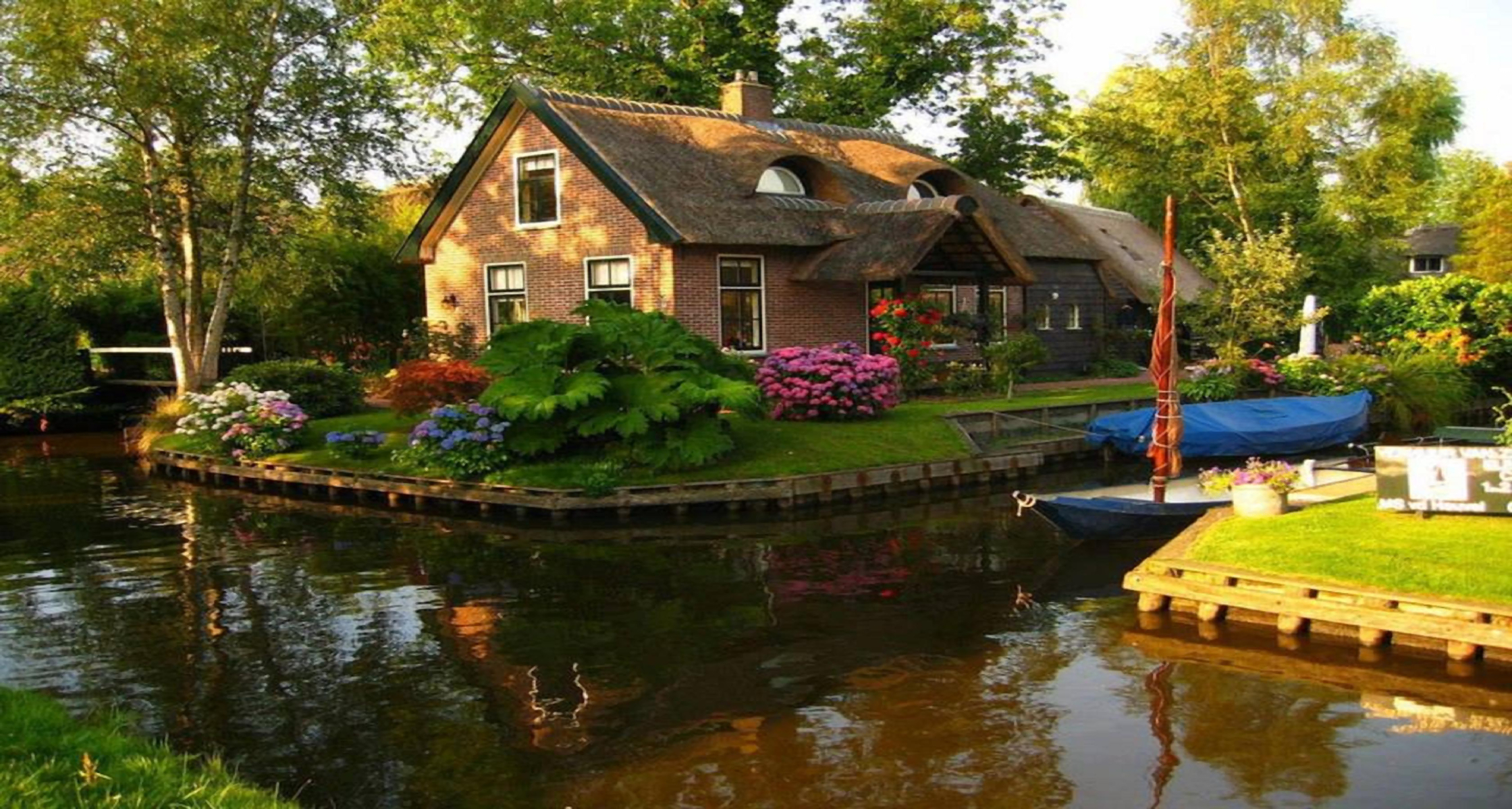 Boat Bush Canal Flower House Man Made Spring Thatched Roof 2240x1200