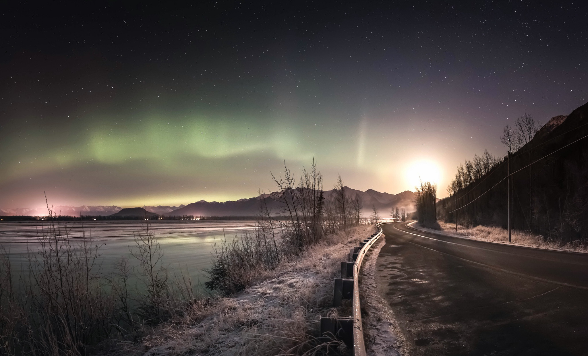 Aurora Borealis Nature Night Road Sky Winter 2048x1240