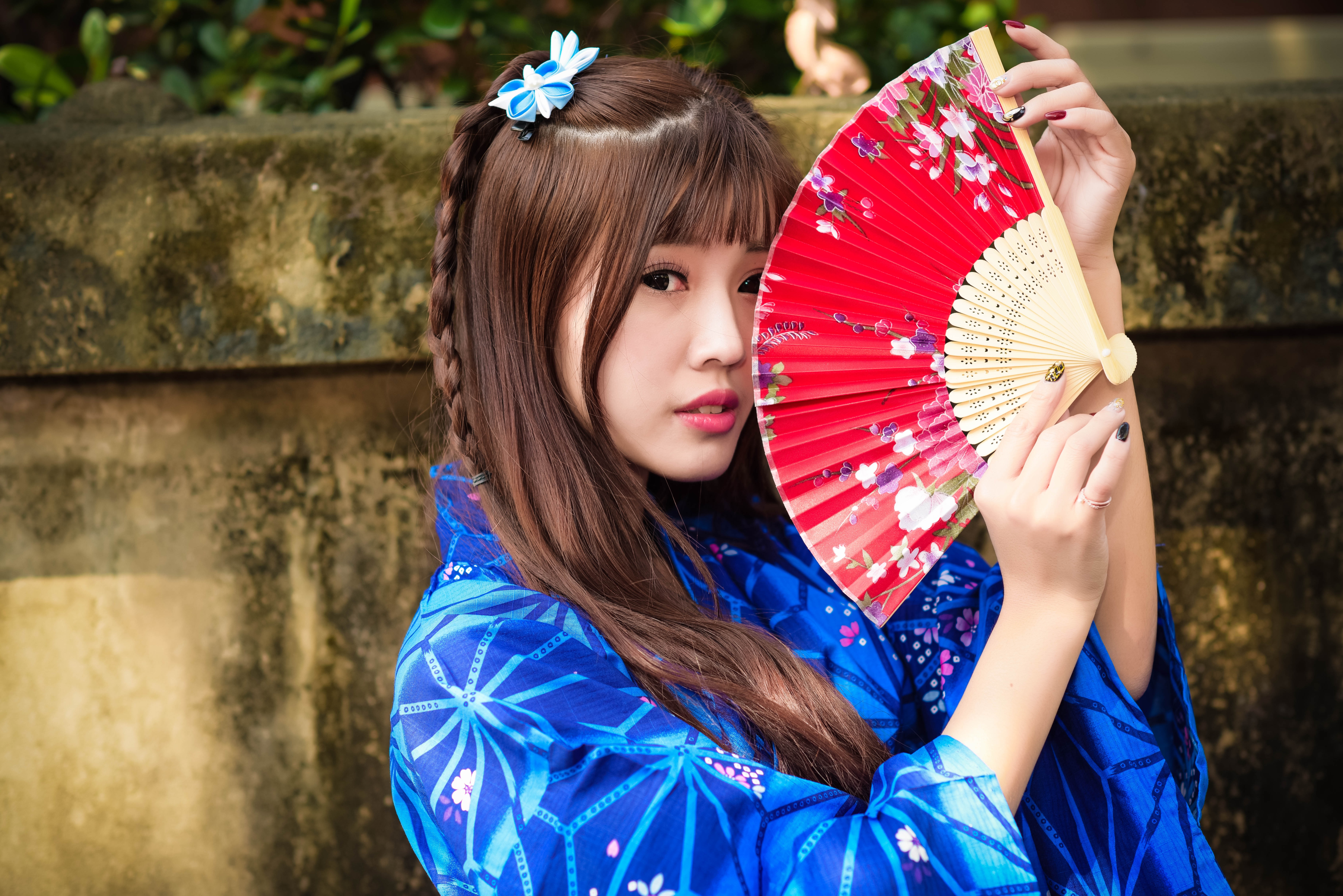 Asian Braid Brown Eyes Brunette Fan Girl Kimono Model Woman 7360x4912