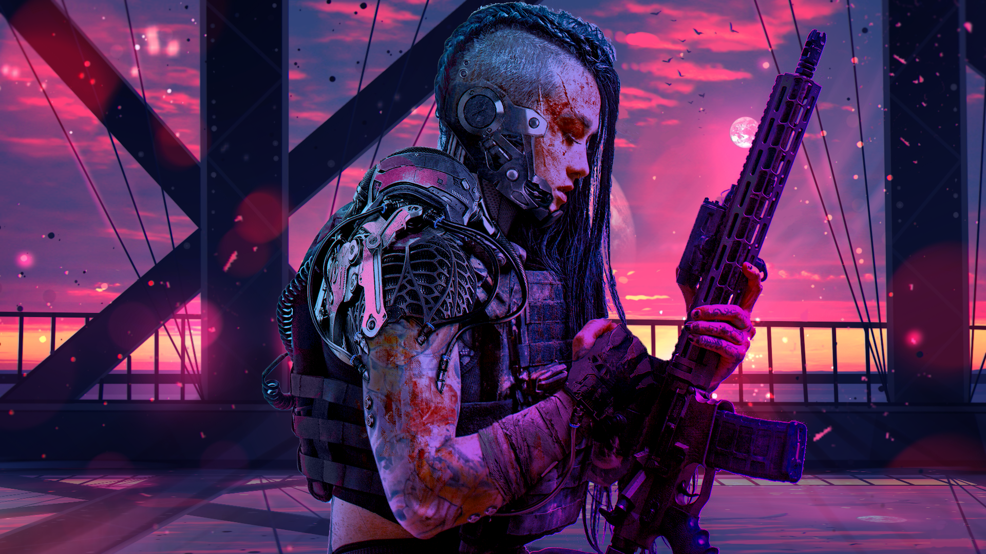 Assault Rifle Retro Wave Synthwave 1920x1080