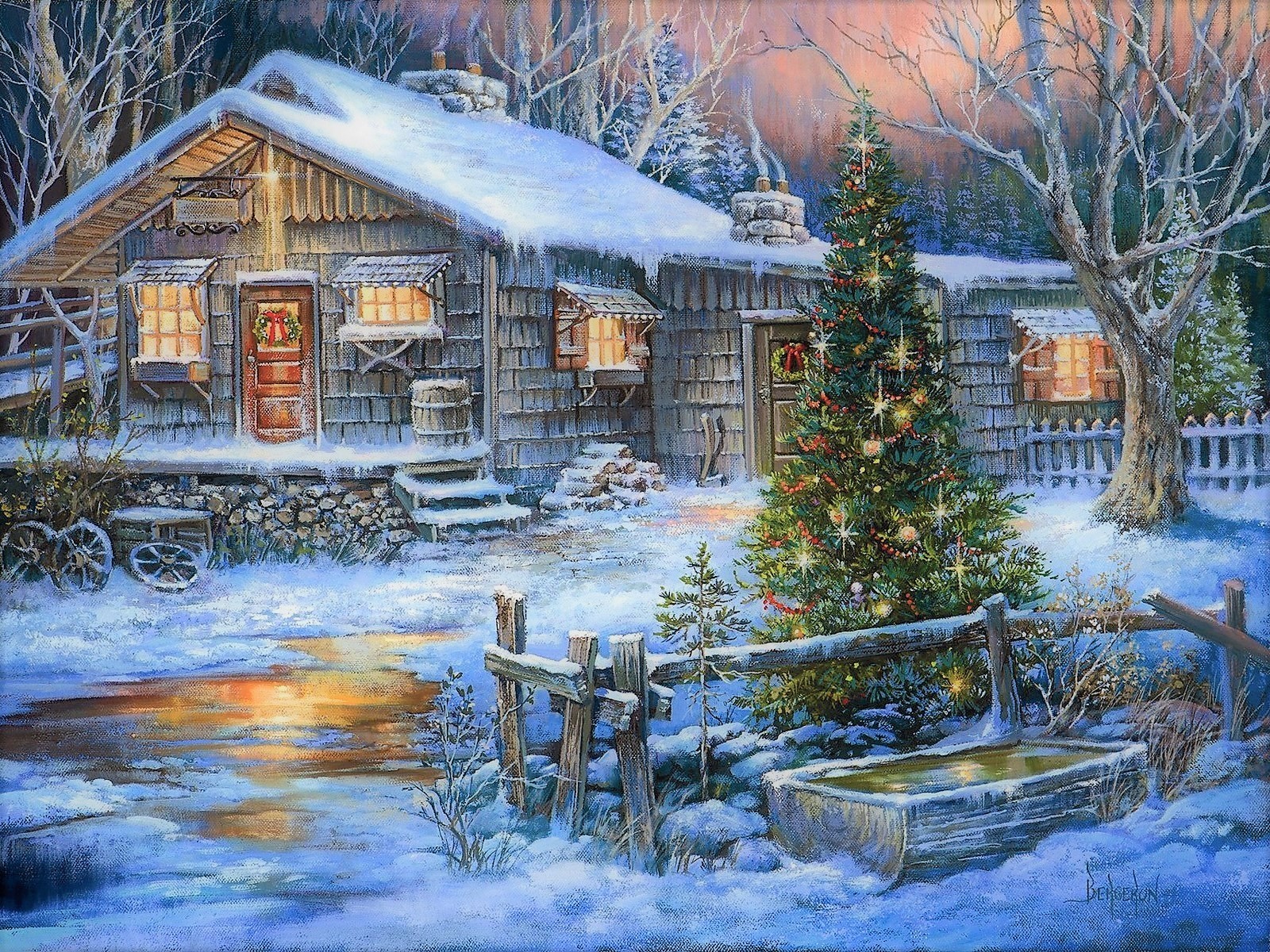 Christmas Christmas Tree Country Holiday House Snow Tree Winter 1600x1200