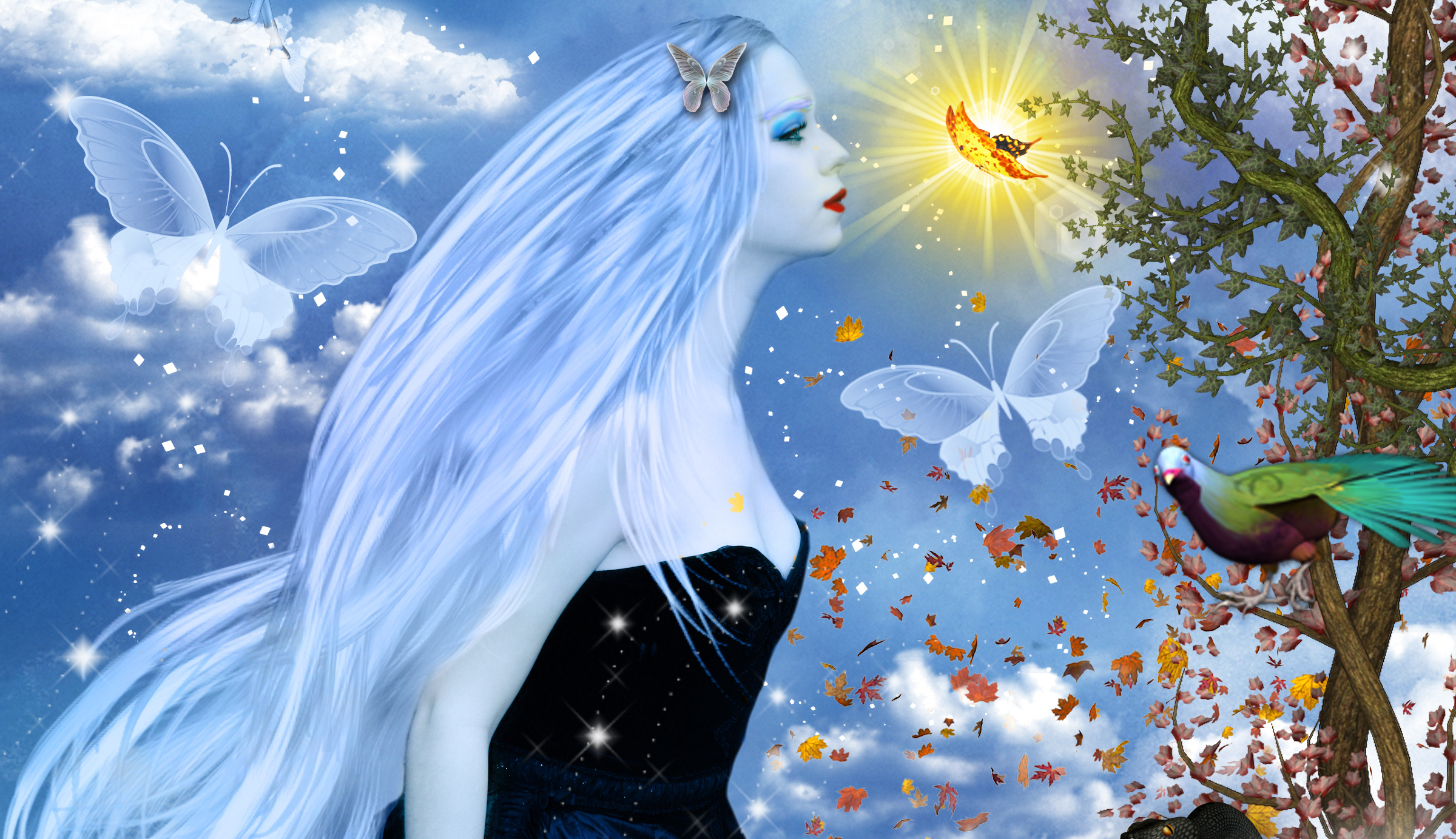 Butterfly Fantasy Girl Peacock Woman 2400x1383