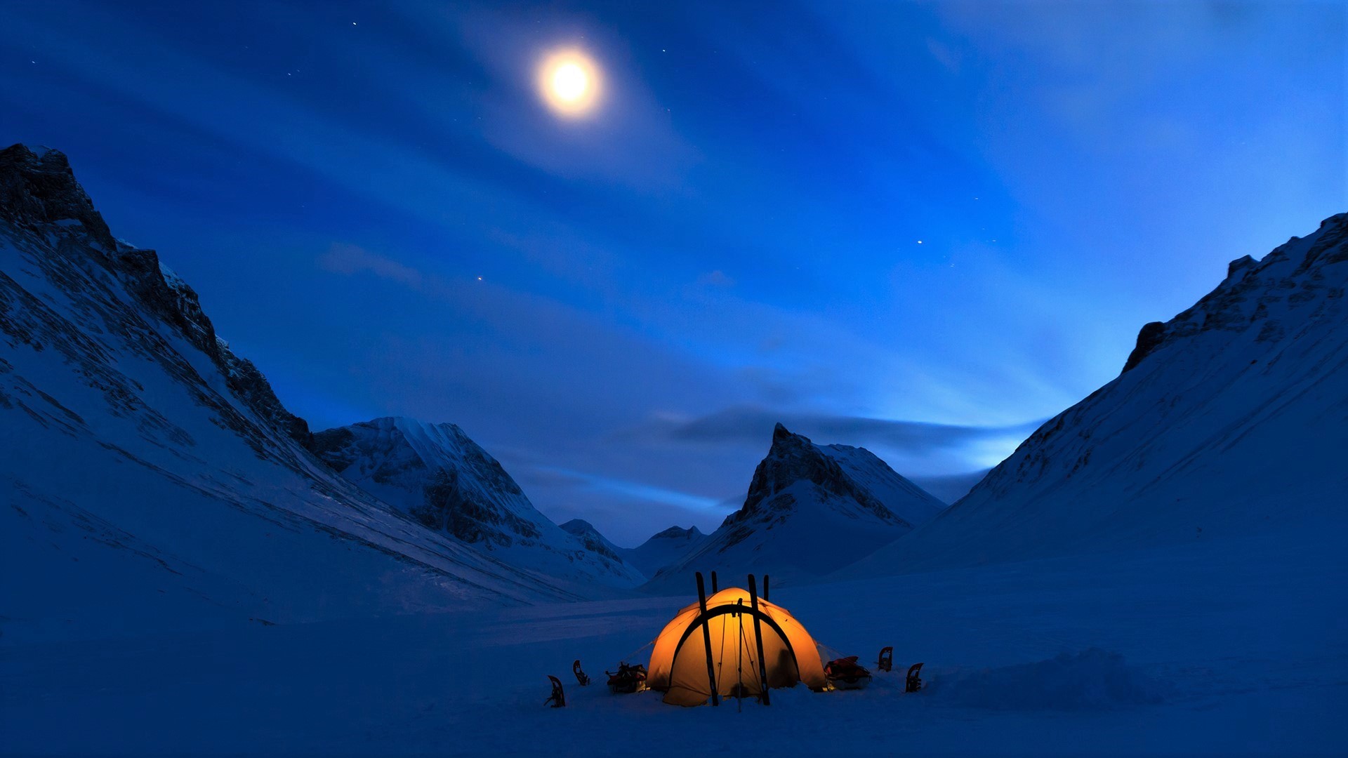 Camping Moon Mountain Night Snow Tent Winter 1920x1080