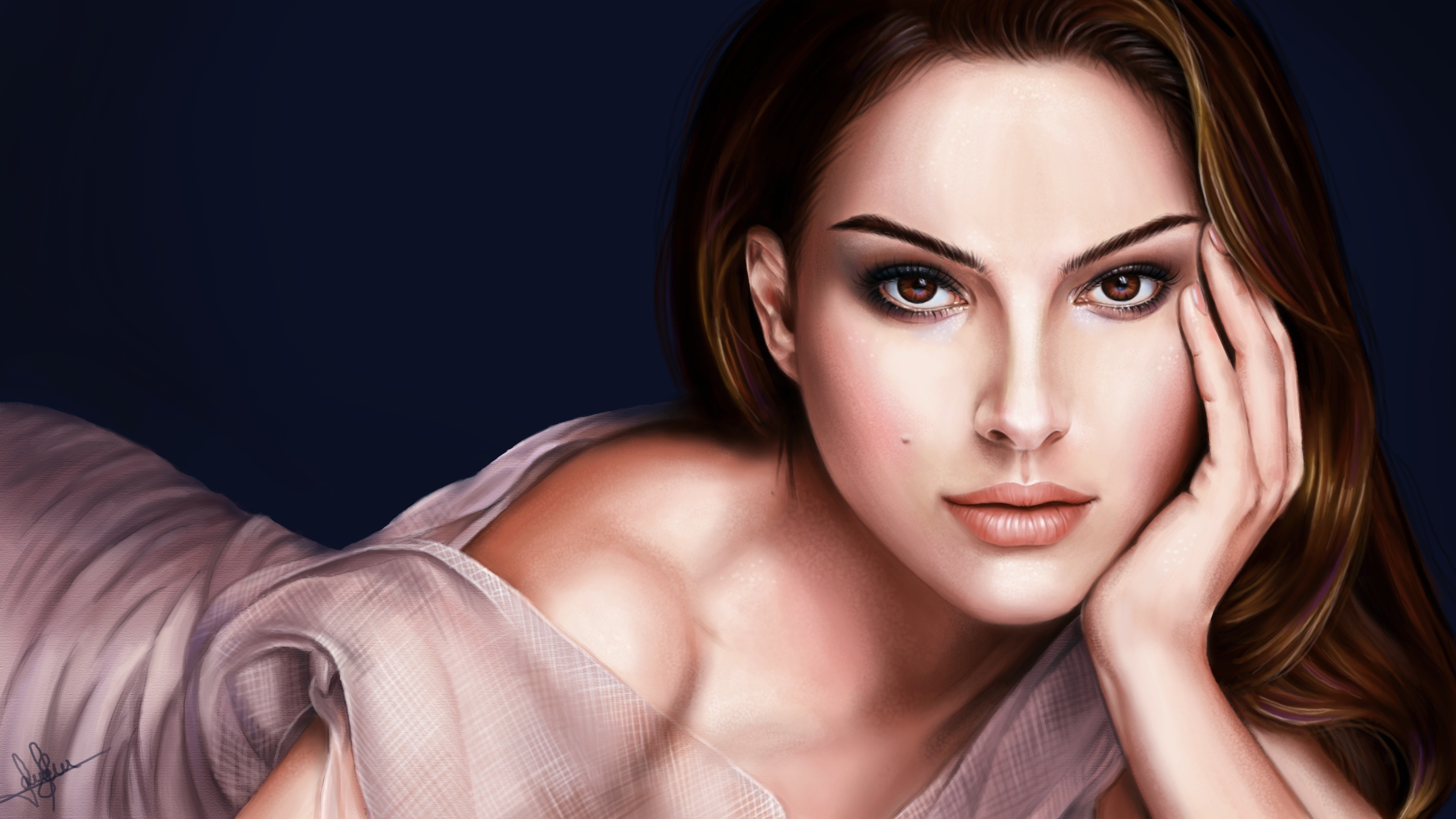 Actress American Brown Eyes Brunette Natalie Portman Painting 3000x1687