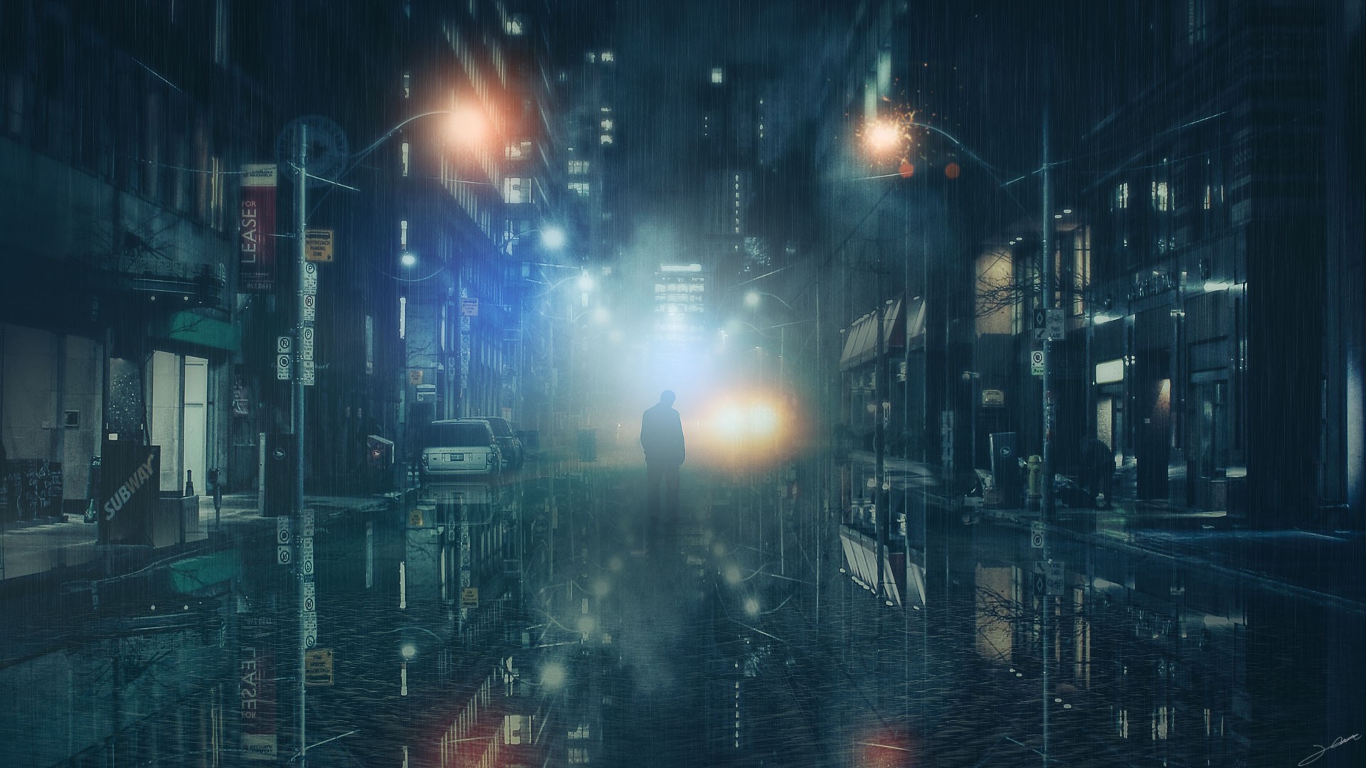 City Cyberpunk Lamp Post Man Night Rain Reflection 1920x1080