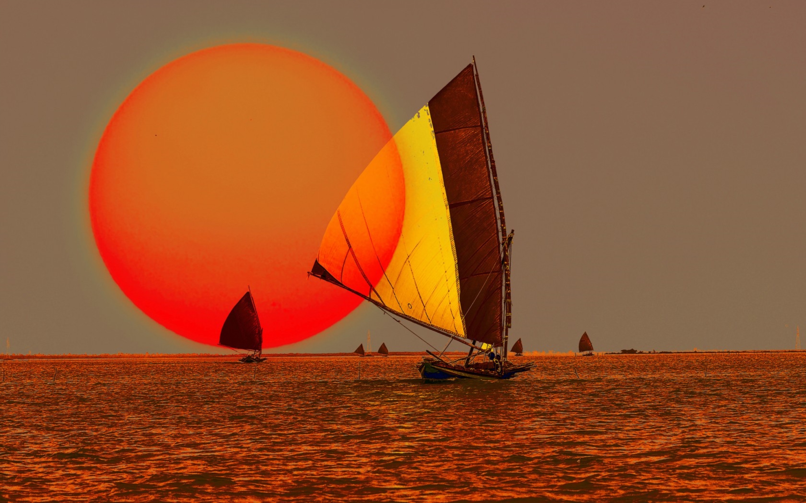 Ocean Sailboat Sailing Sun Sunset 2560x1600