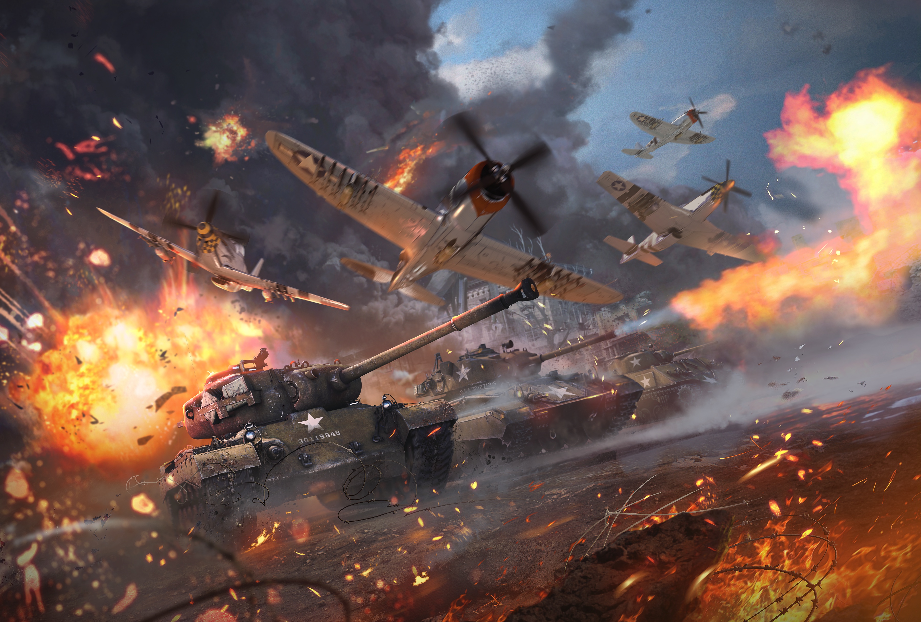 Aircraft Battle Explosion Tank War Thunder Warplane 3604x2434