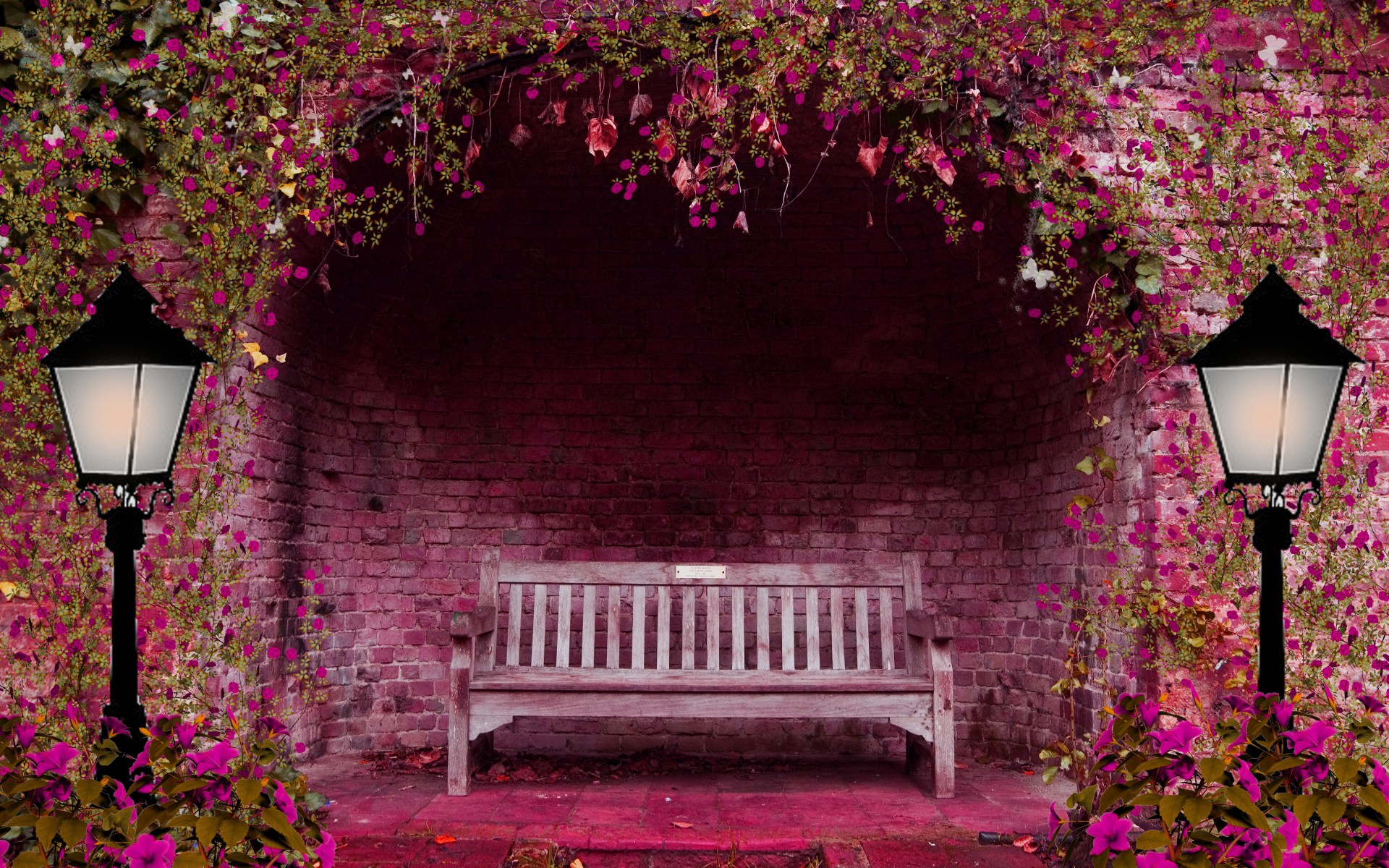 Artistic Bench Fantasy Flower Garden Green Lamp Post Leaf Pink Flower Street Light 1920x1200