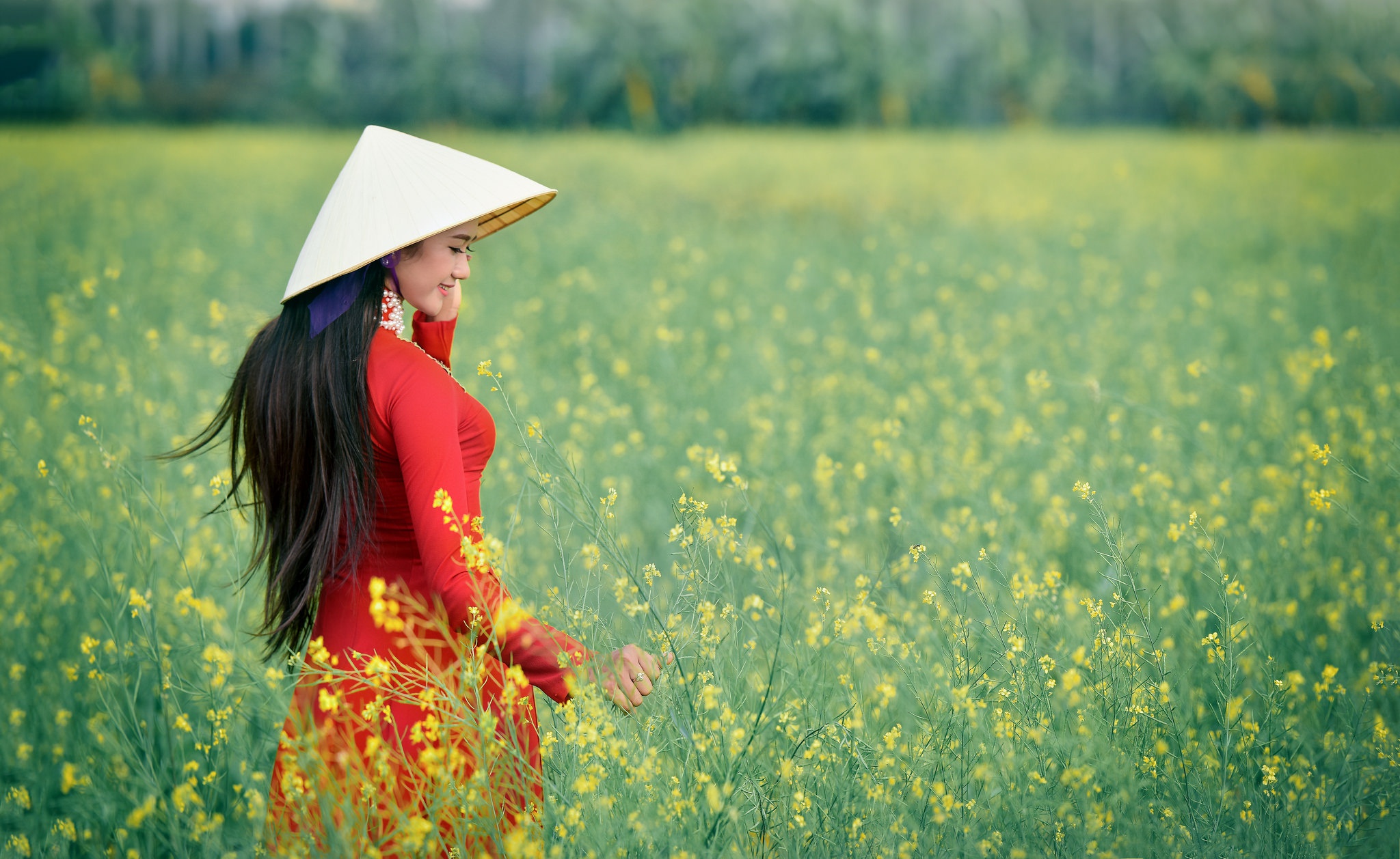 Asian Brunette Depth Of Field Field Flower Girl Hat Long Hair Model Rear Red Dress Woman Yellow Flow 2048x1258