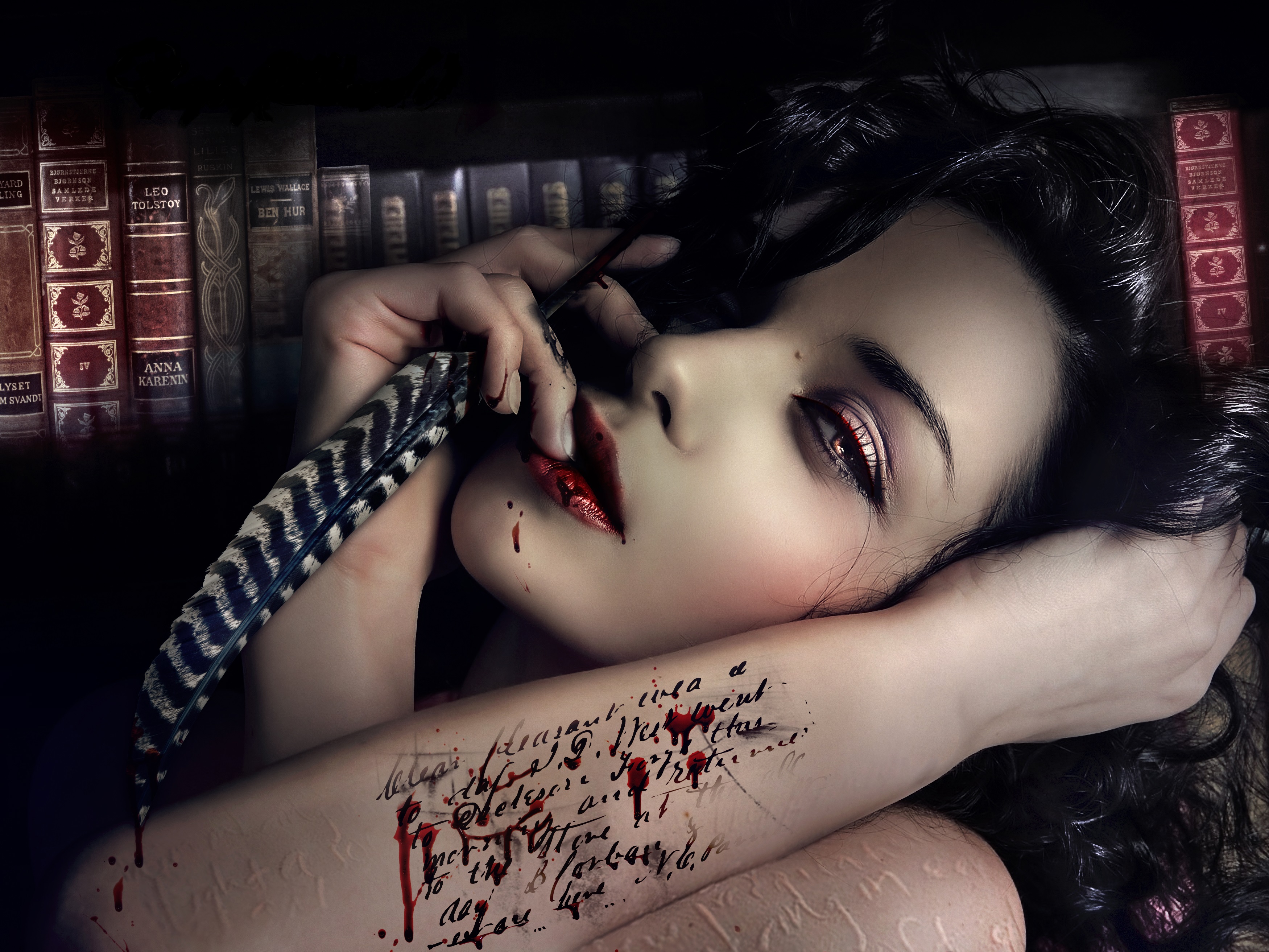 Artistic Blood Feather Girl Gothic Woman 3500x2625