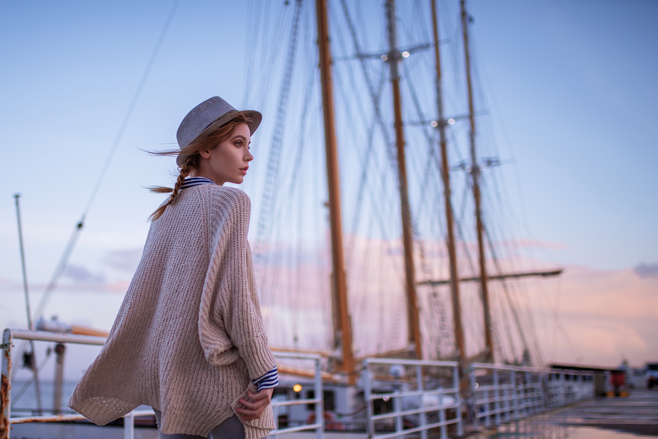 Ksenia Kokoreva Model Women Women Outdoors Grey Coat Looking Away Sailing Ship Sweater 2560x1709