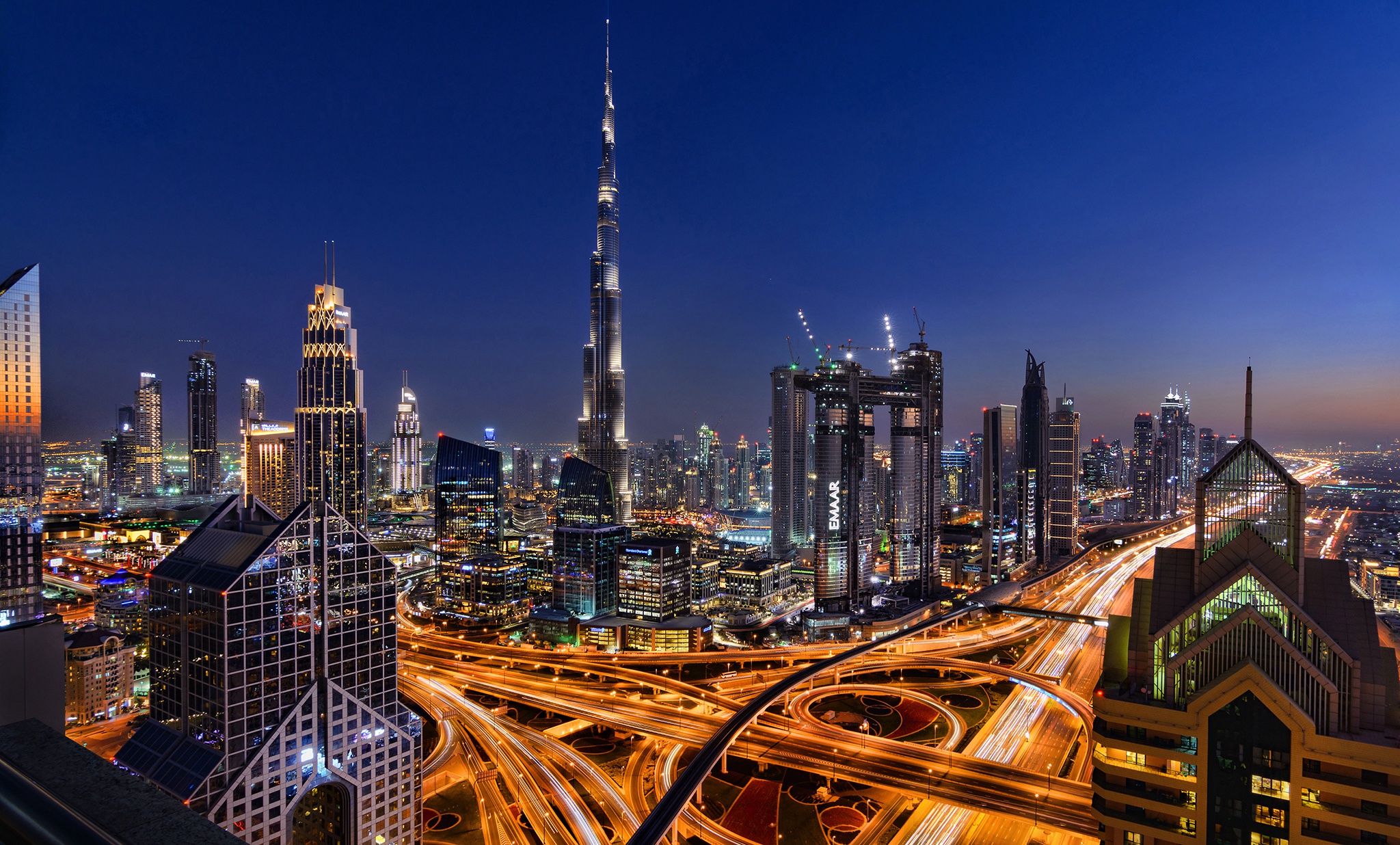 City Dubai Highway Light Night Skyscraper United Arab Emirates 2048x1236