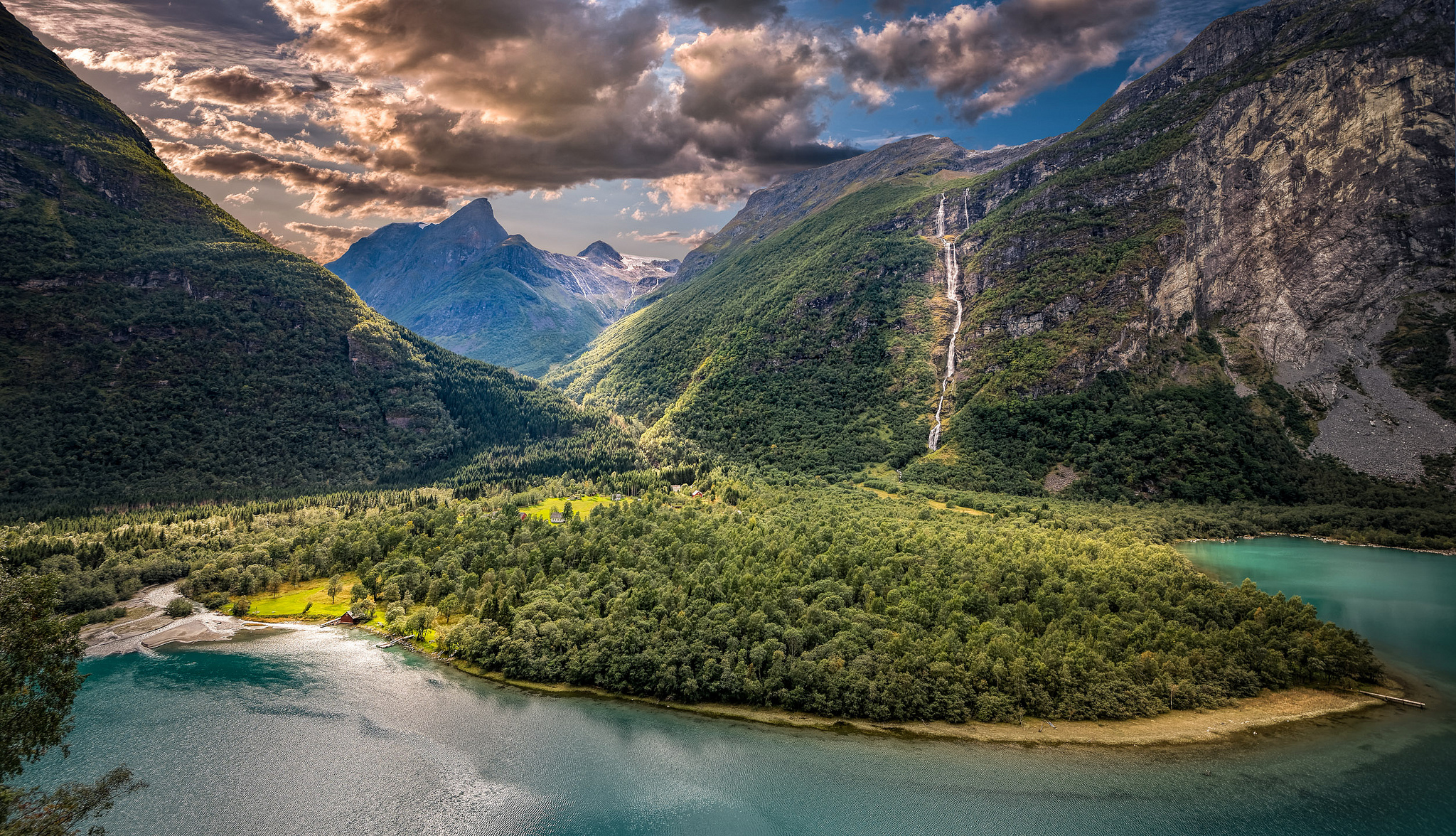 Cloud Fjord Forest Hdr Landscape Mountain Norway Summer Sunshine Waterfall 2048x1176