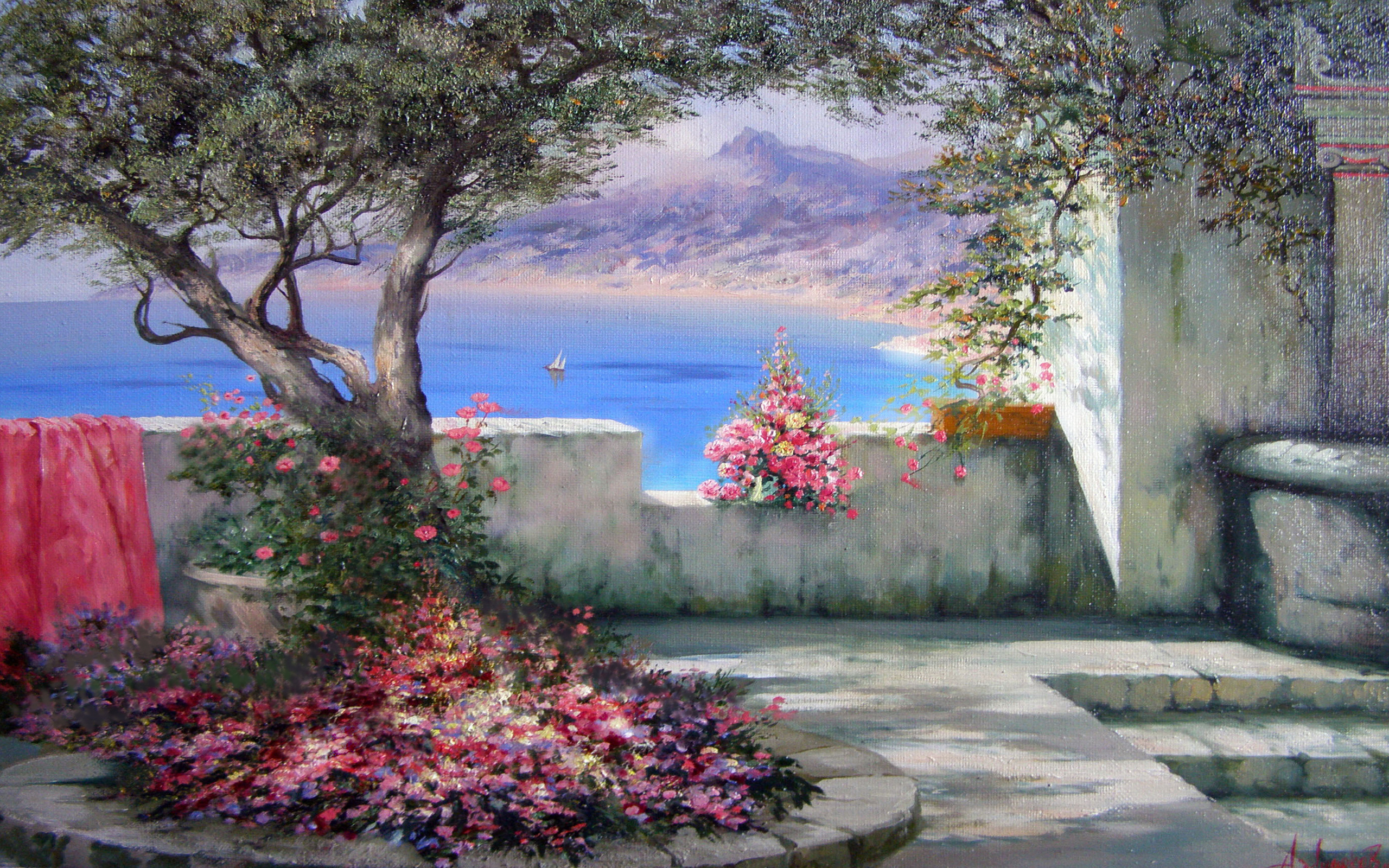 Artistic Colorful Courtyard Ocean Painting 2560x1600