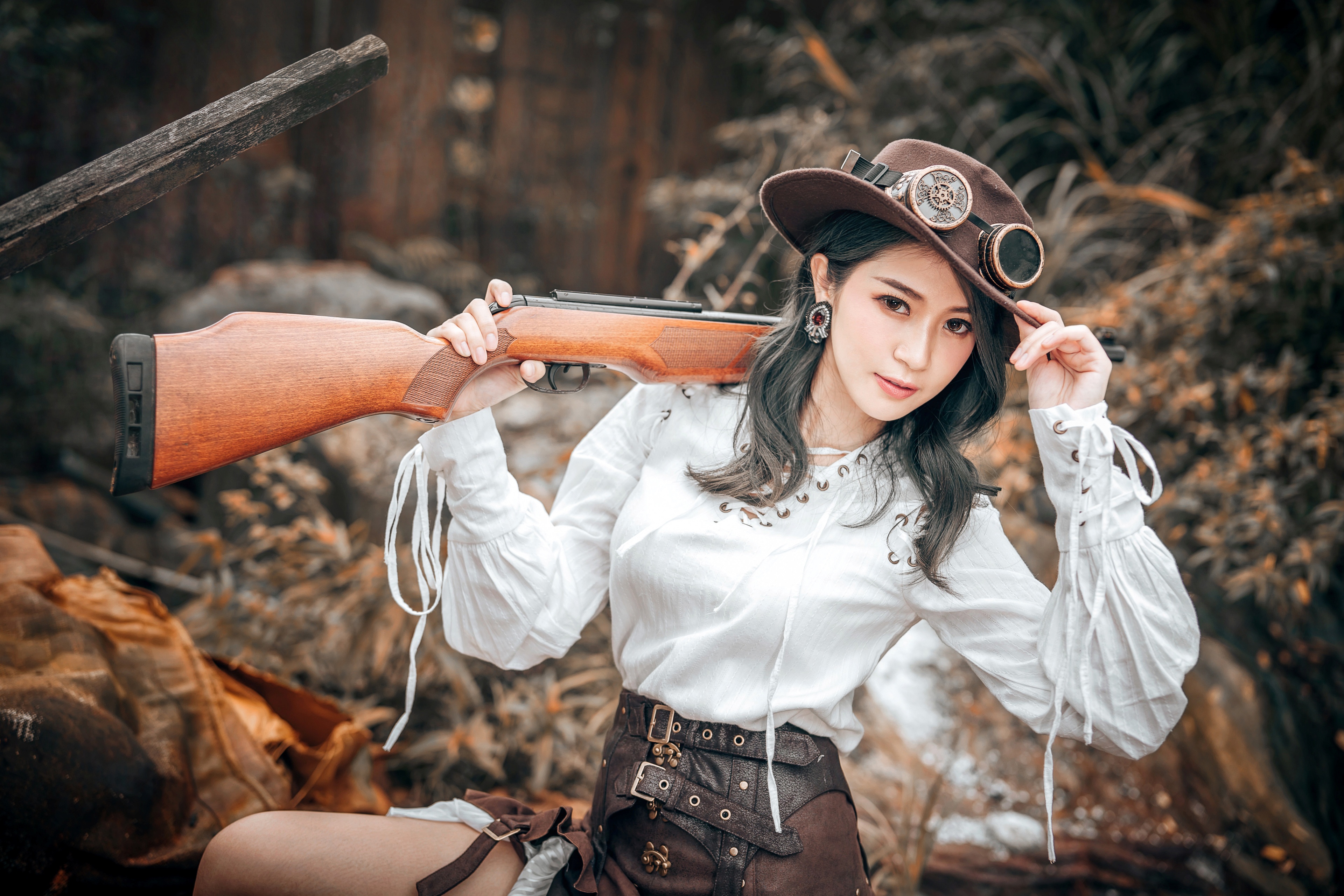 Asian Black Hair Cosplay Depth Of Field Girl Hat Model Rifle Woman 3840x2560