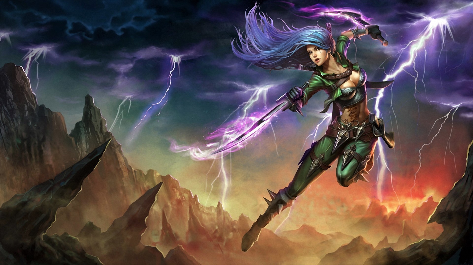 Blue Hair Fantasy Girl Katarina League Of Legends Lightning Sword Woman Warrior 1921x1080
