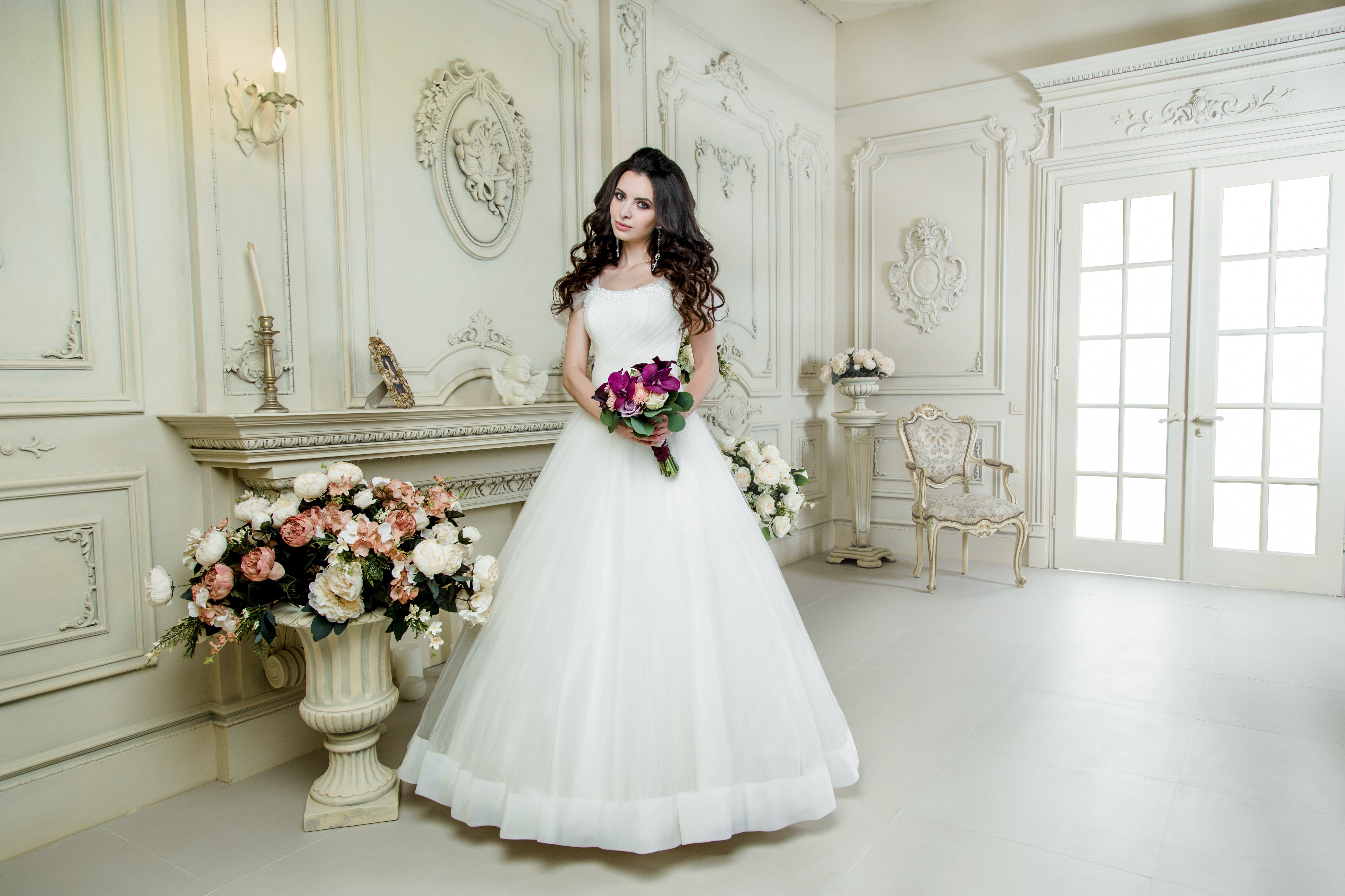 Bouquet Bride Brown Eyes Brunette Girl Model Wedding Dress White Dress Woman 5472x3648