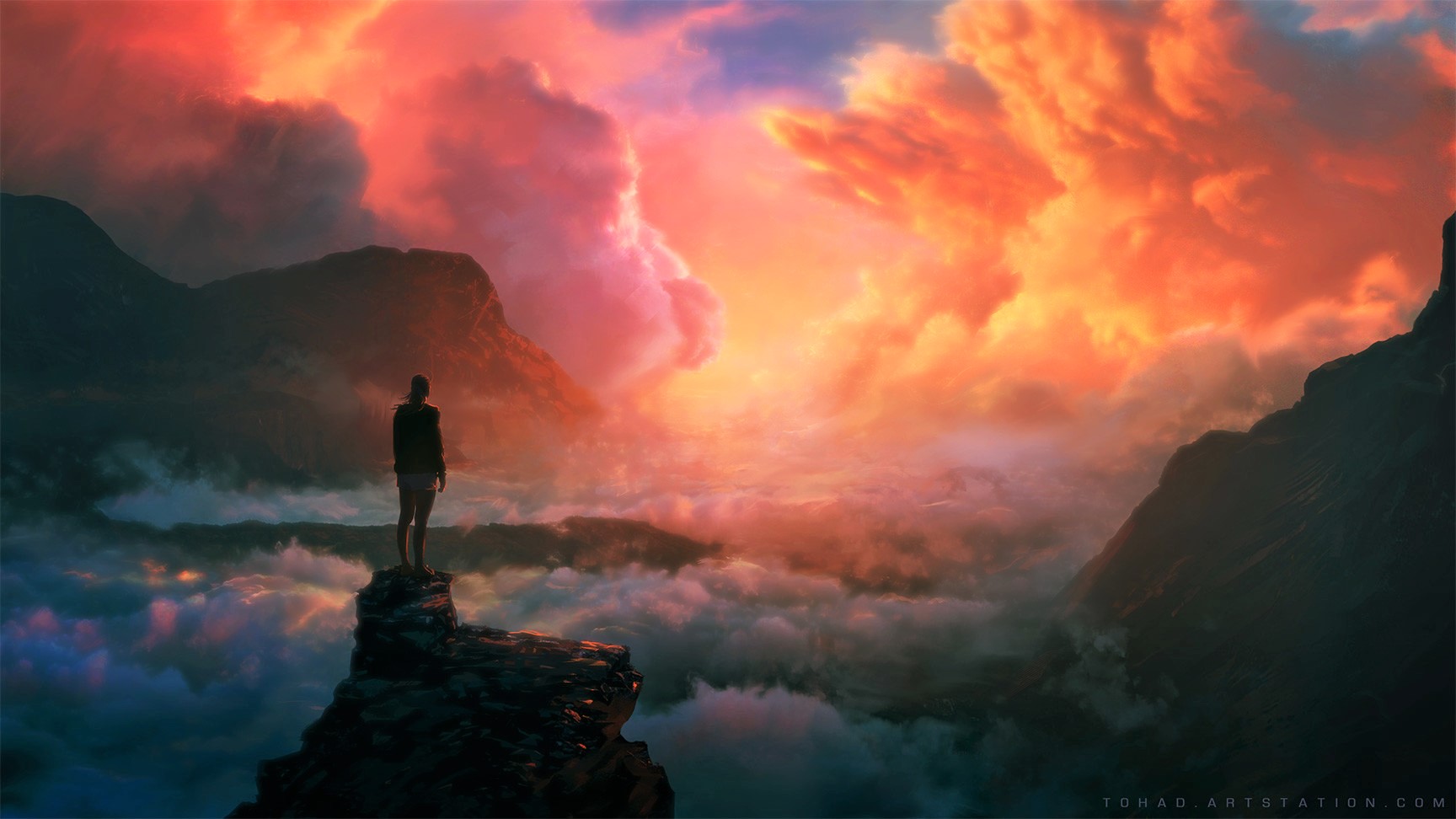 Artistic Cloud Colorful Fantasy Girl Mountain Rock Sky Sunset Woman 1728x972