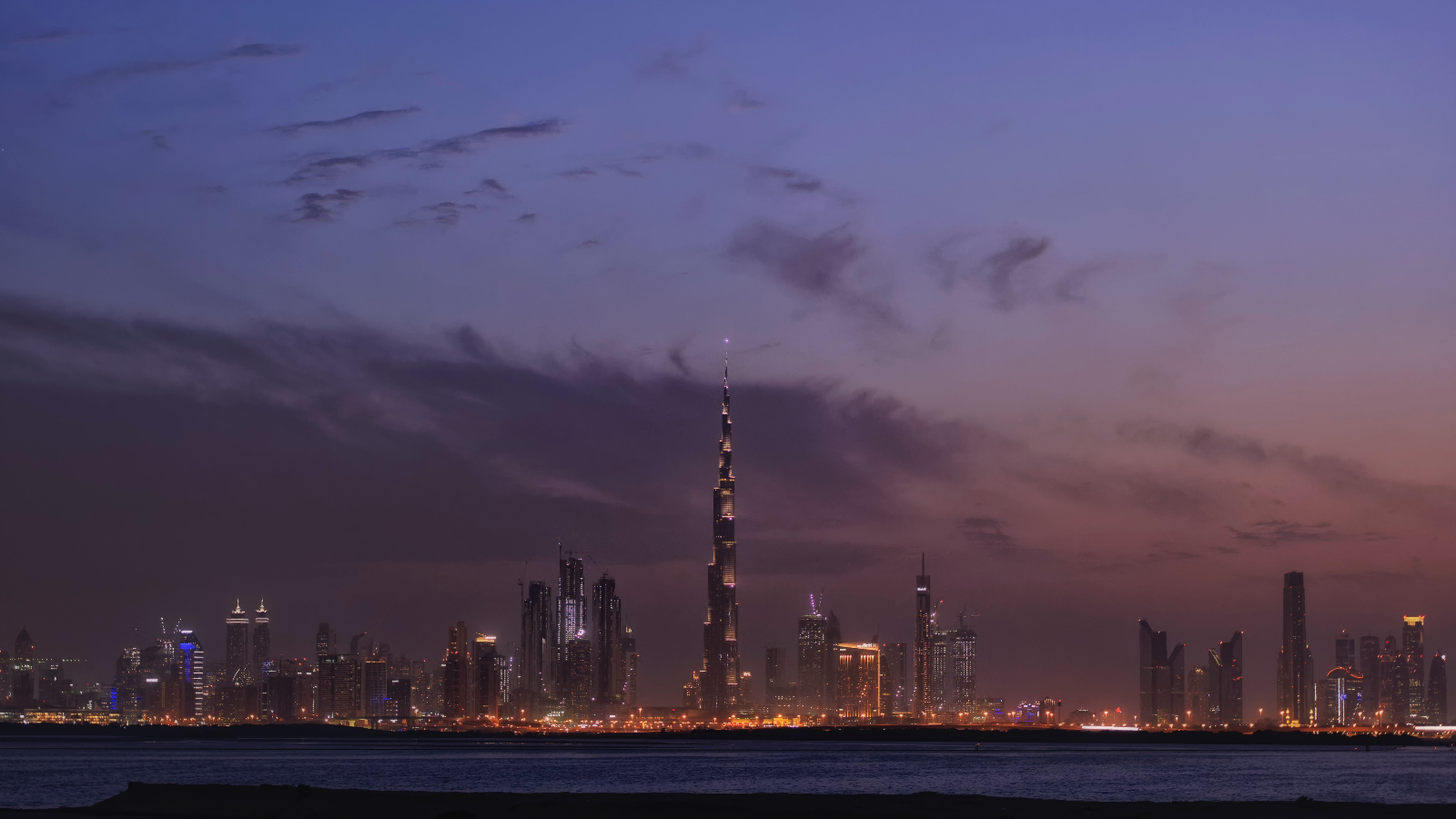 Landscape Clouds Sky Night Building Skyscraper Lights Water Sea Skyline Dubai Burj Khalifa Far View 1600x900