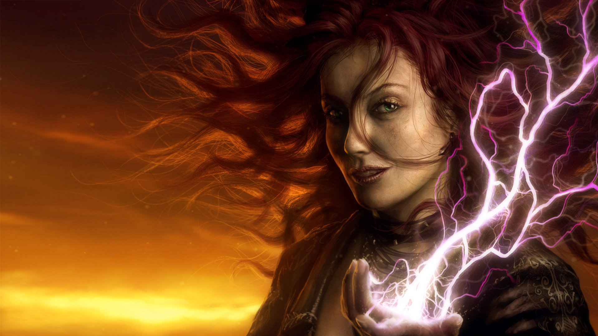 Lightning Magic Redhead Sunset Witch Woman 1920x1080