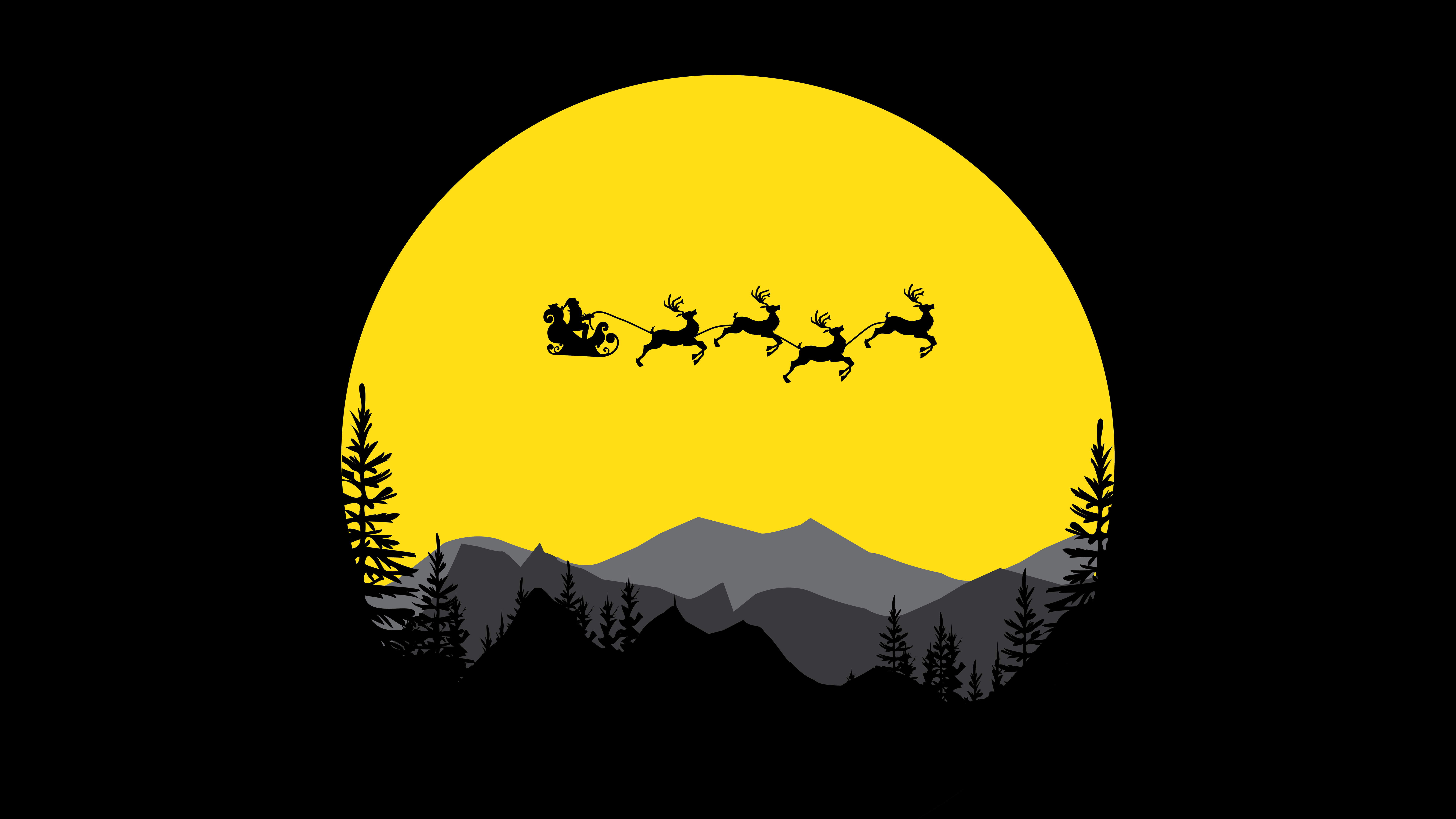 Black Christmas Minimalist Reindeer Santa Silhouette Sleigh 7680x4320