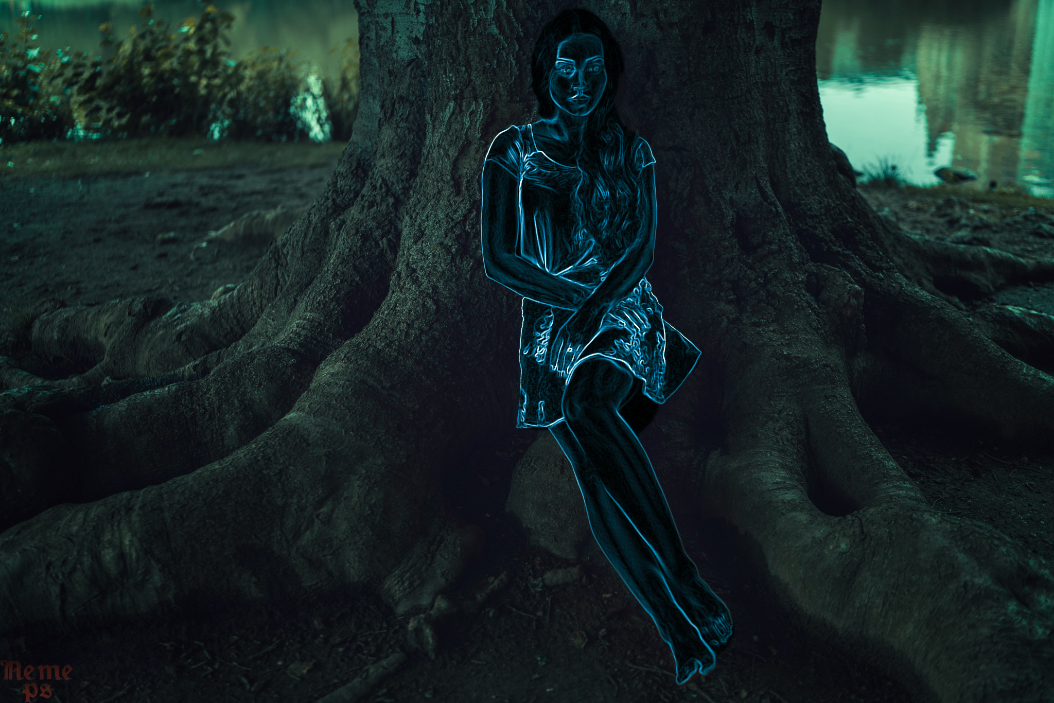 Neon Photoshop River Tree Woman 2048x1366