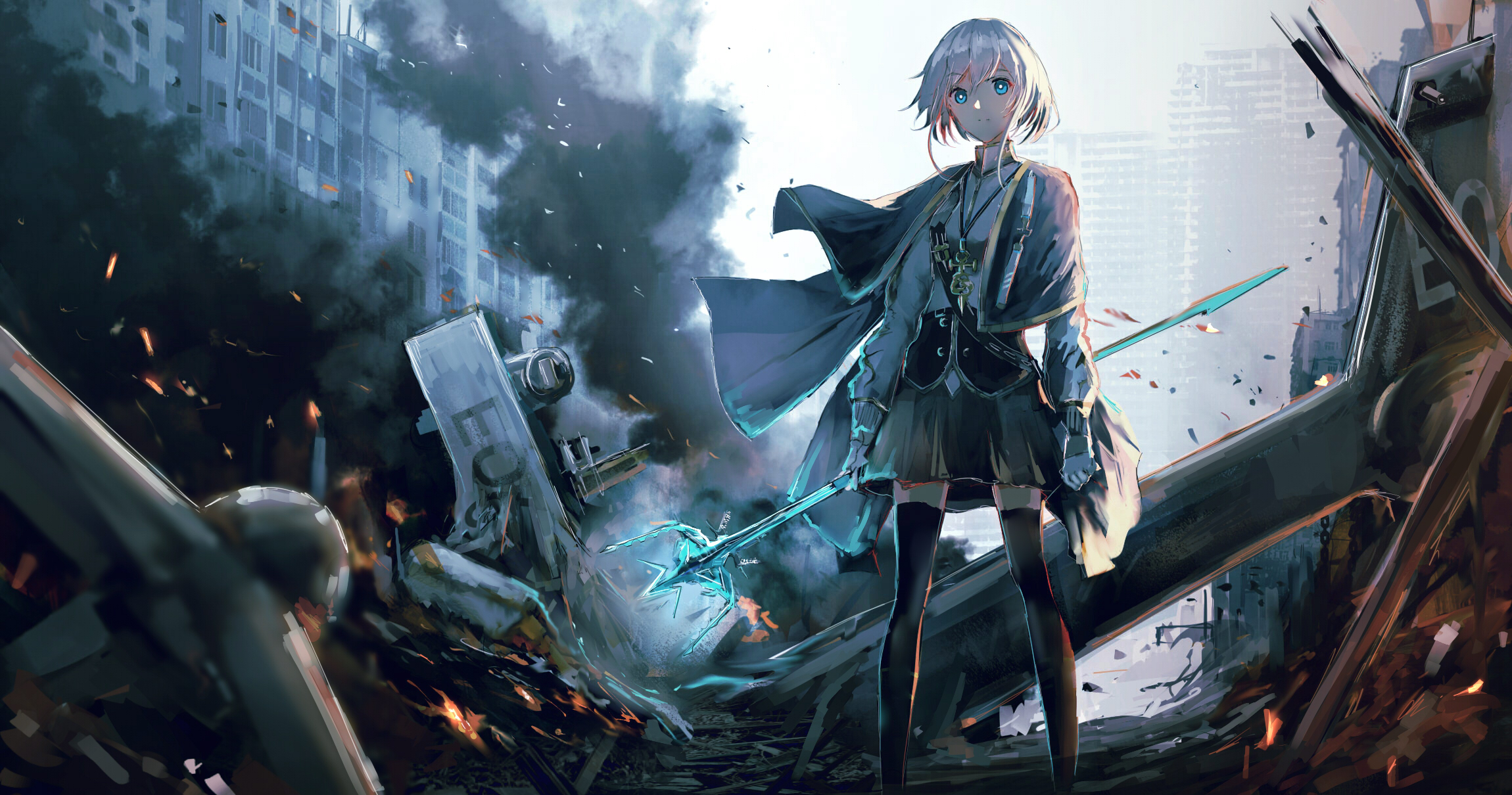 Blue Eyes Dress Girl Necklace Short Hair Smoke Thigh Highs Trident Warzone Weapon White Hair 2300x1210