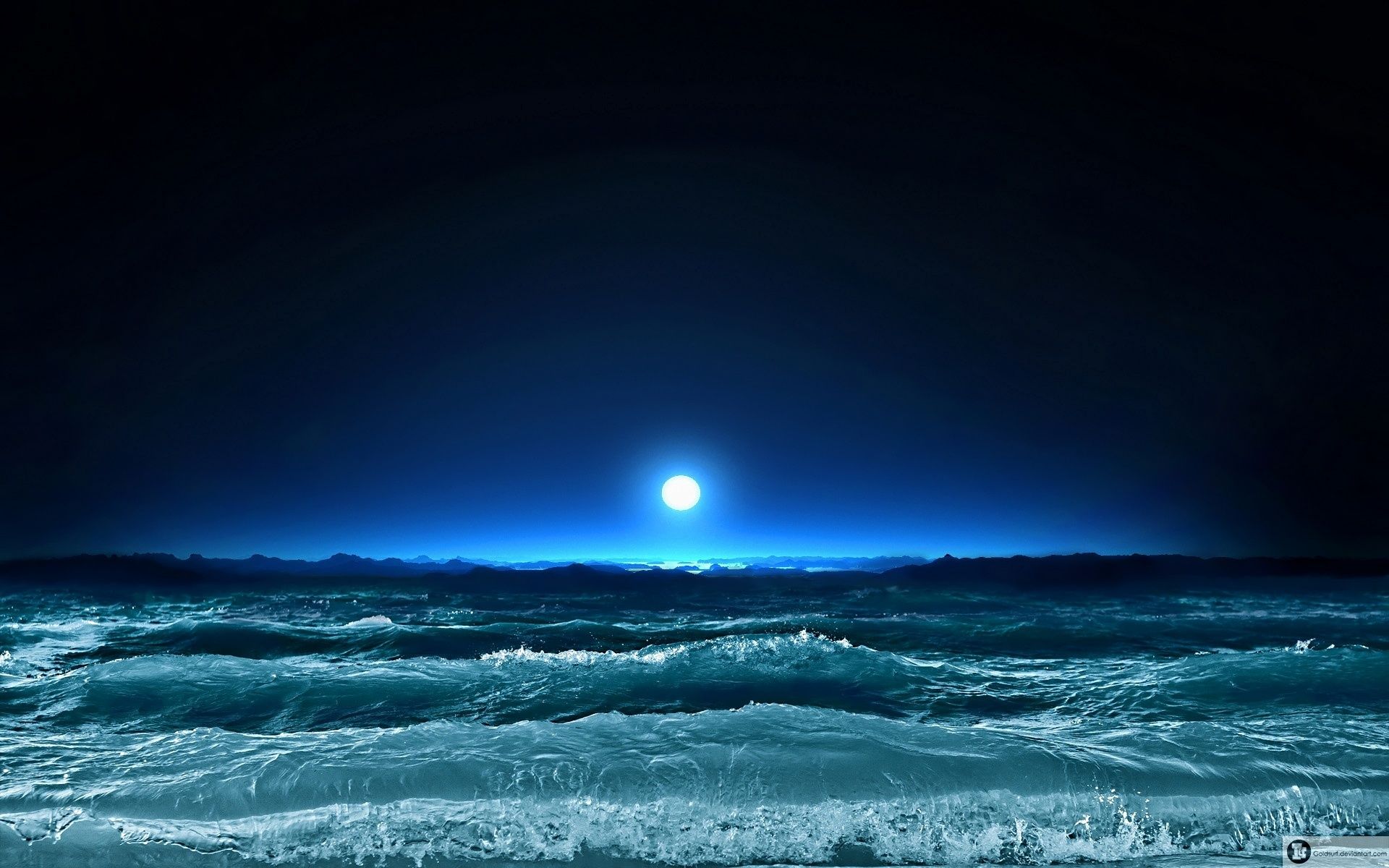 Full Moon Night Ocean Wave 1920x1200