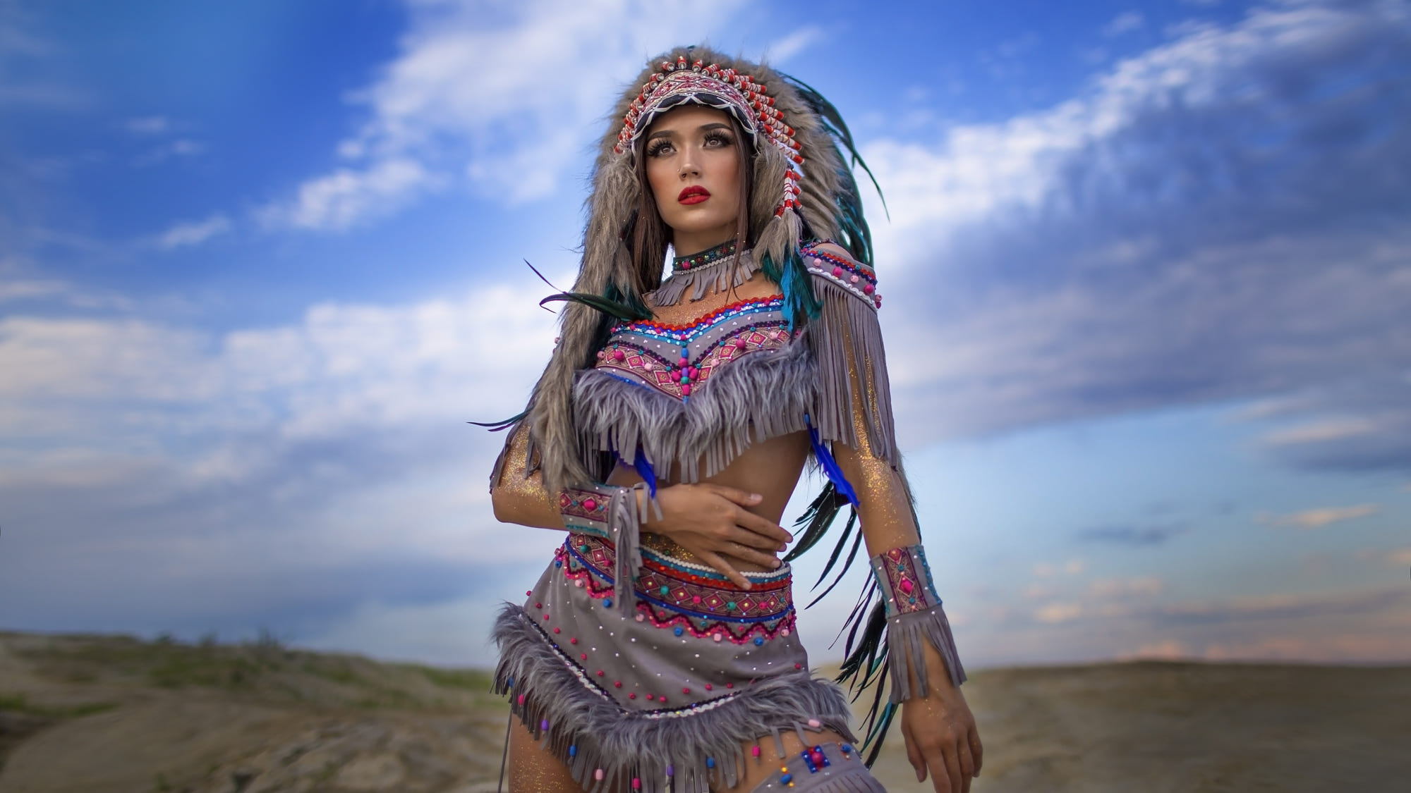 Women Feathers Sky Clouds Red Lipstick Women Outdoors Native American Clothing 2000x1125