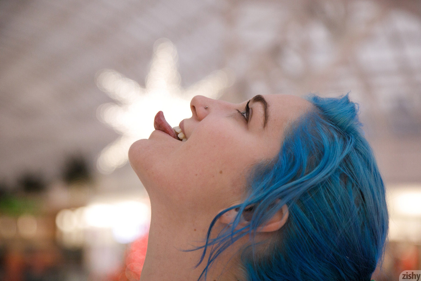 Women Model Blue Hair Indoors Tongue Out Closeup Shopping Mall 1400x933