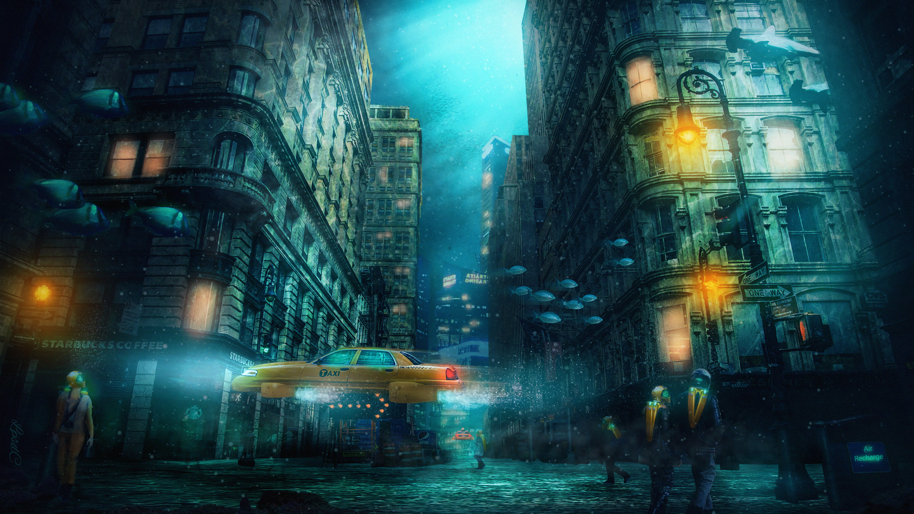 Building City Taxi Underwater 3840x2160