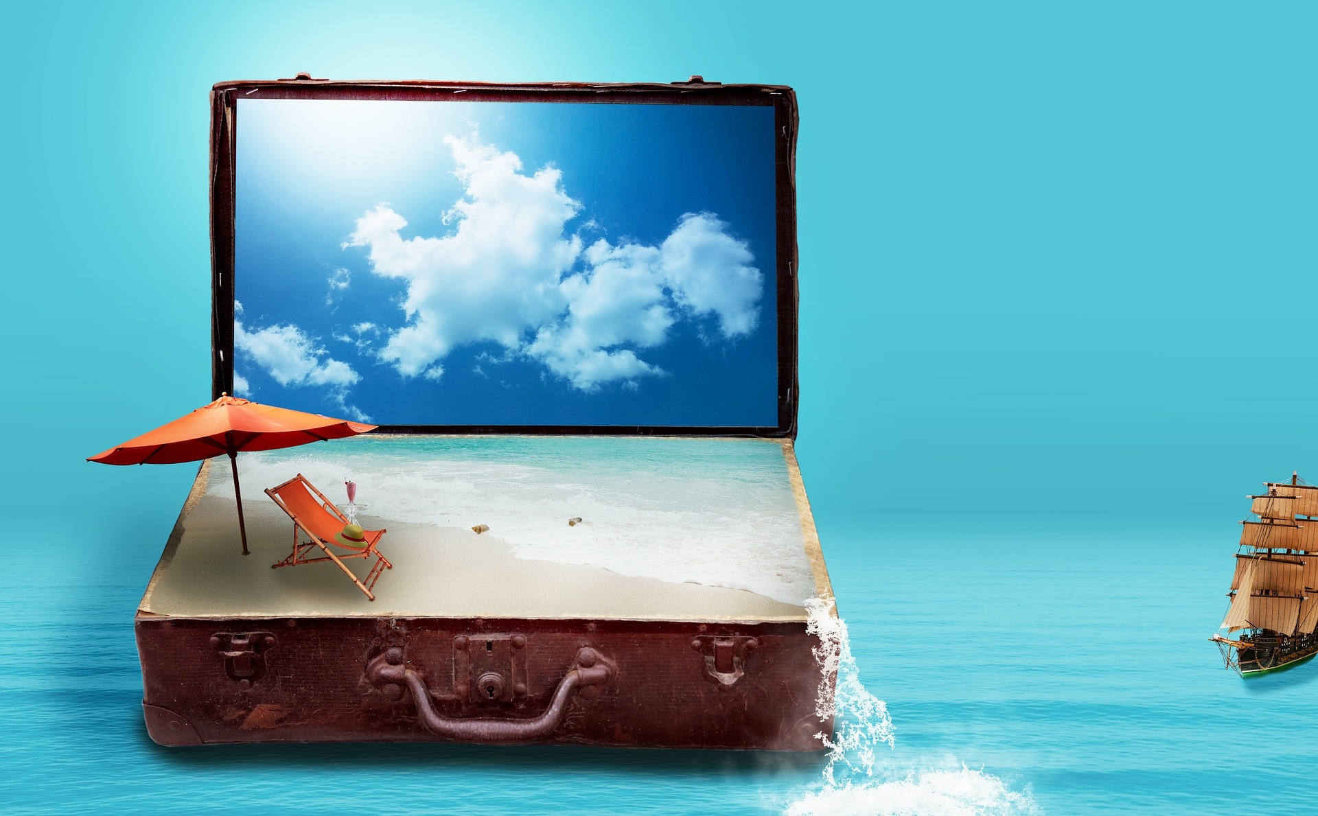 Beach Ocean Ship Sky Suitcase Vacation 1920x1189