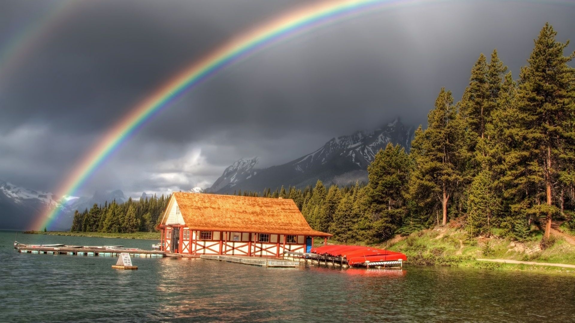 Forest House Lake Mountain Nature Rainbow Storm Water 1920x1080