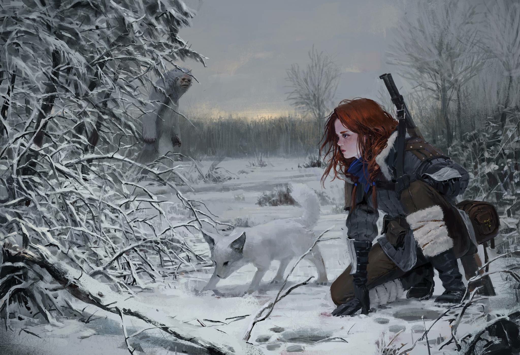 Bigfoot Fox Girl Hunter Redhead Snow Winter Woman Warrior 2048x1399