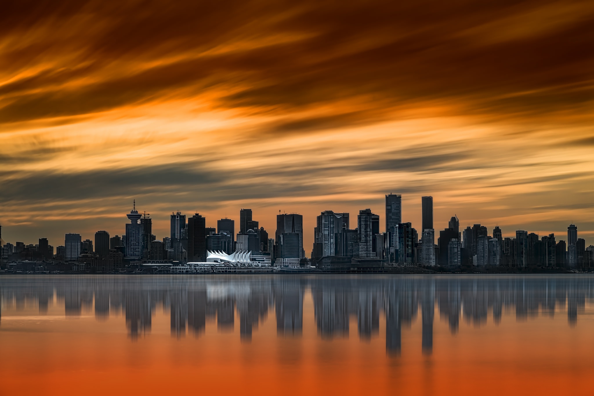Building Canada City Reflection Skyscraper Sunset Vancouver 2048x1365