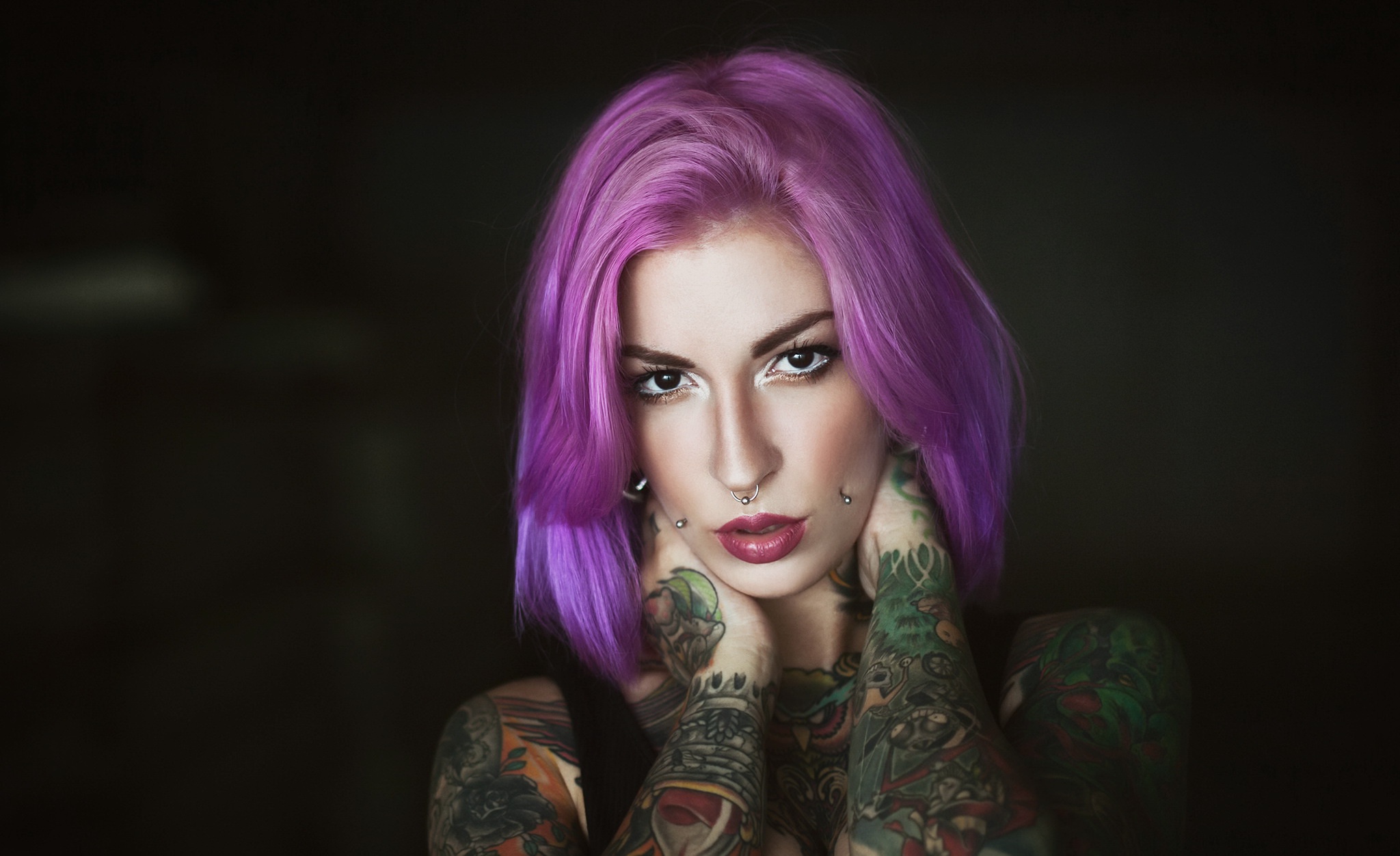 Brown Eyes Face Girl Lipstick Model Purple Hair Tattoo Woman 2048x1252