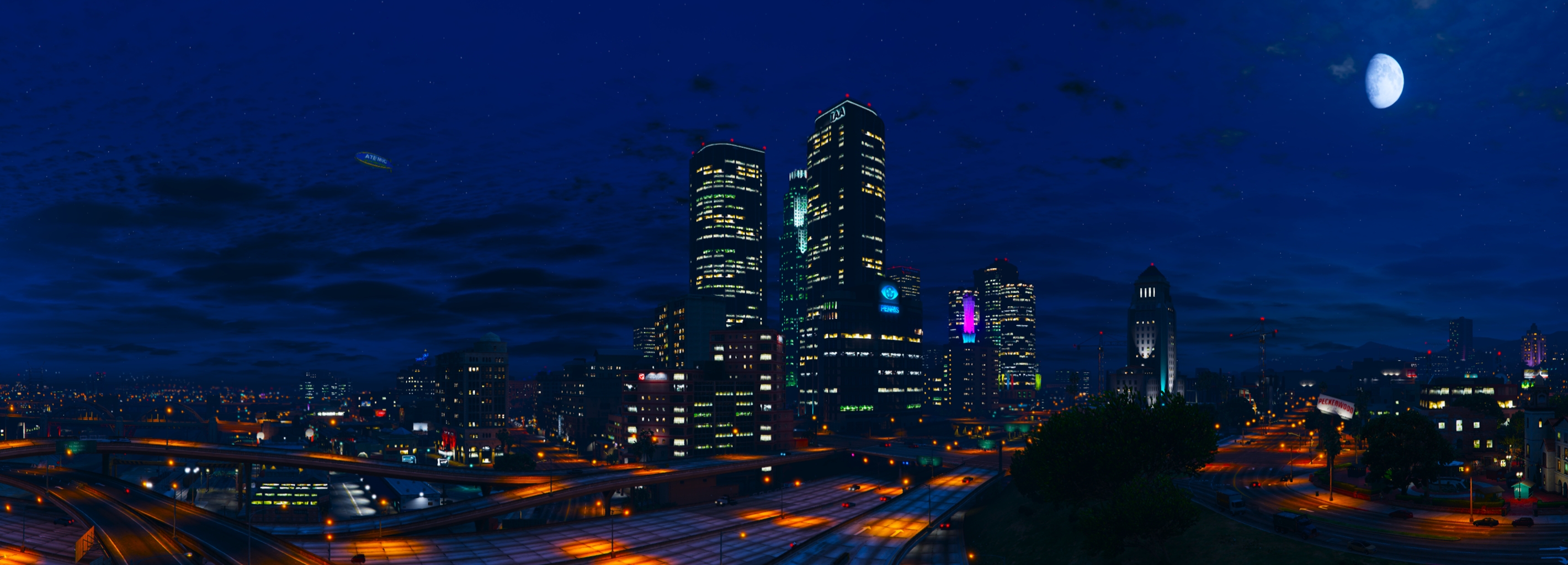 City Grand Theft Auto V Los Santos Moon Night Sky Skyscraper 2841x1024